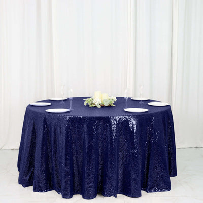 Sequin 120" Round Tablecloth Navy Blue - Seamless Glittering Table Cover - Linen Luxes