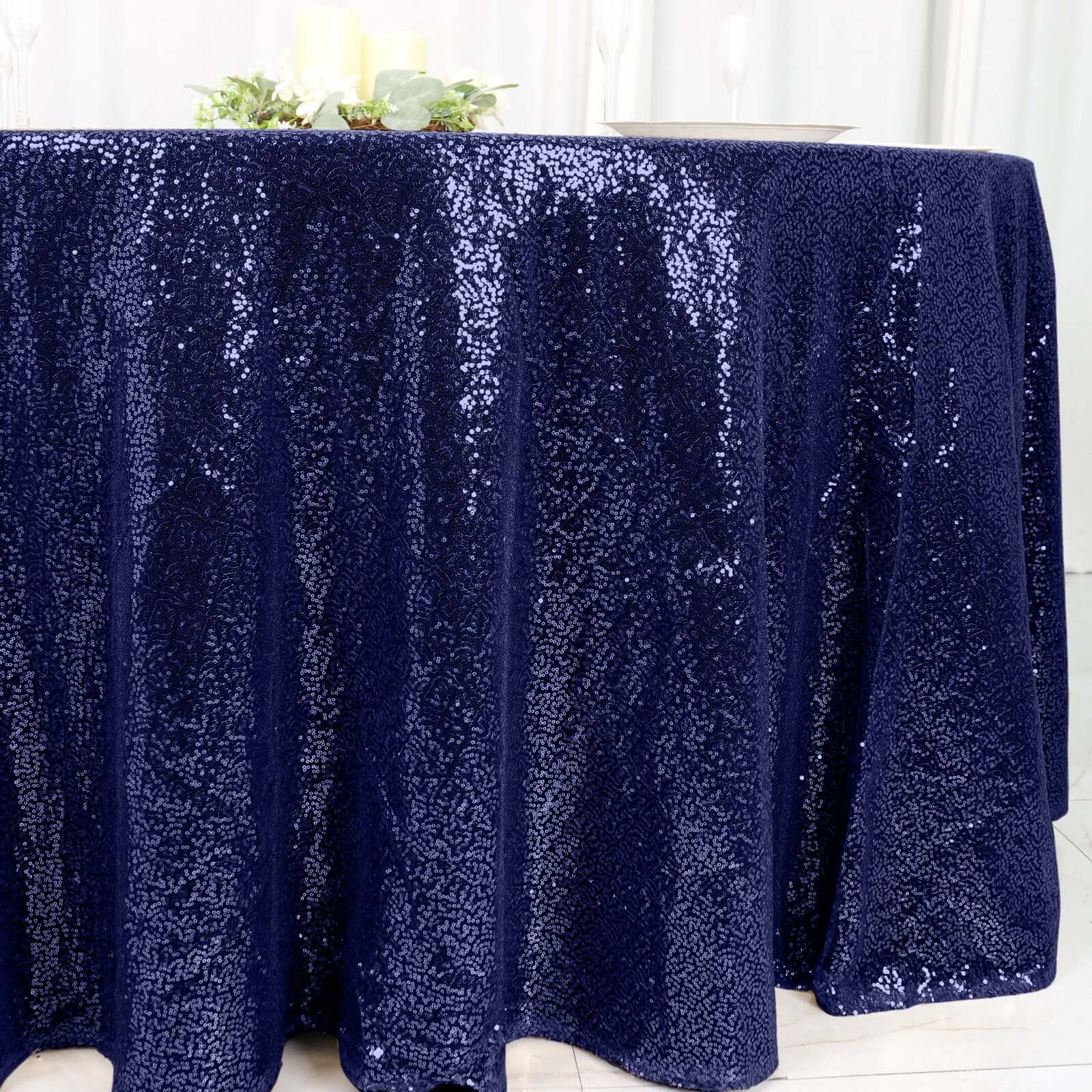 Sequin 120" Round Tablecloth Navy Blue - Seamless Glittering Table Cover - Linen Luxes