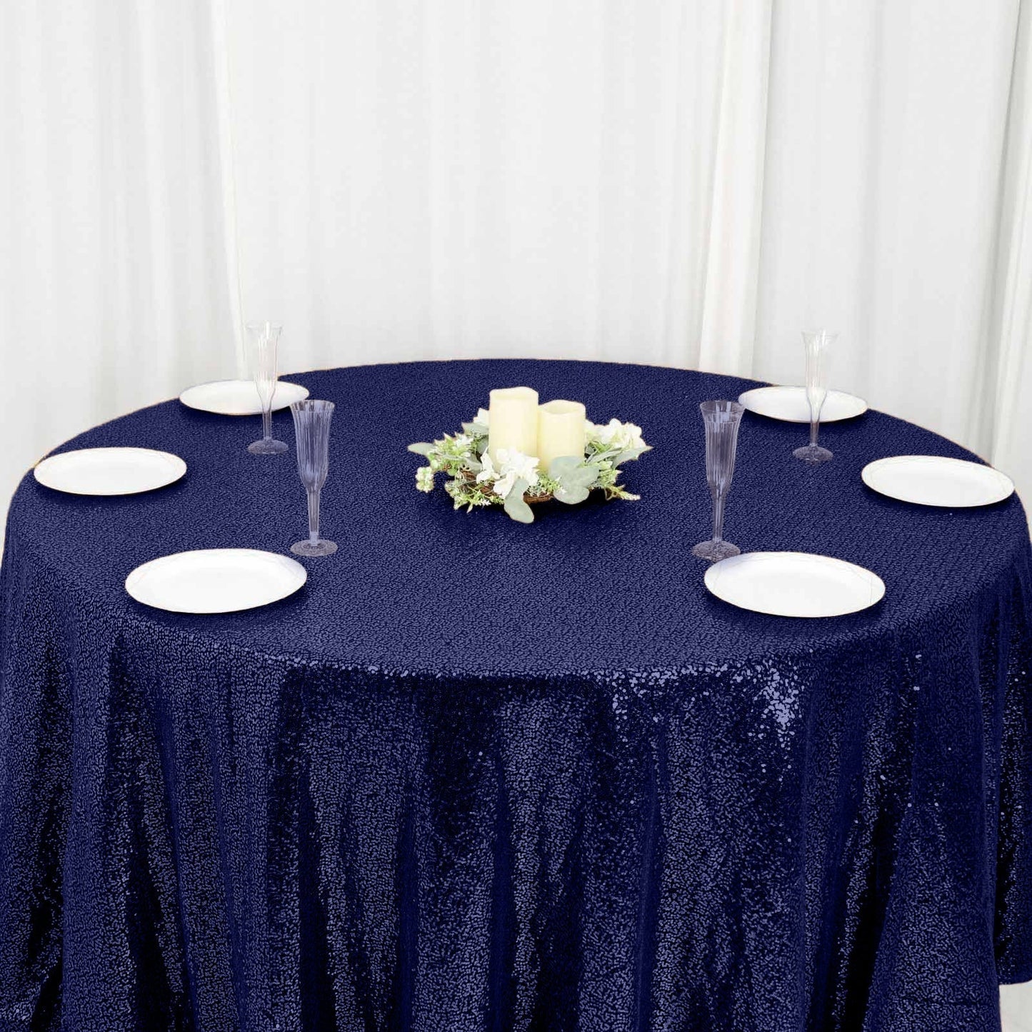 Sequin 120" Round Tablecloth Navy Blue - Seamless Glittering Table Cover - Linen Luxes