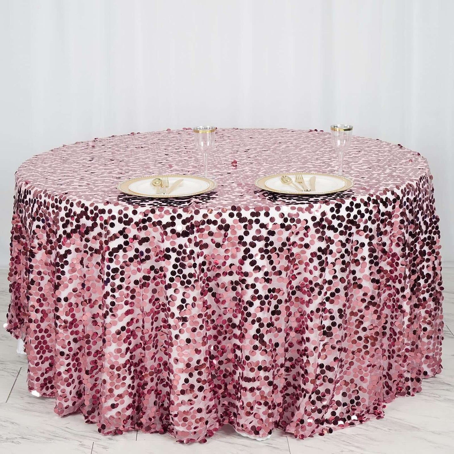 Sequin 120" Round Tablecloth Pink - Seamless Big Payette Table Cover - Linen Luxes