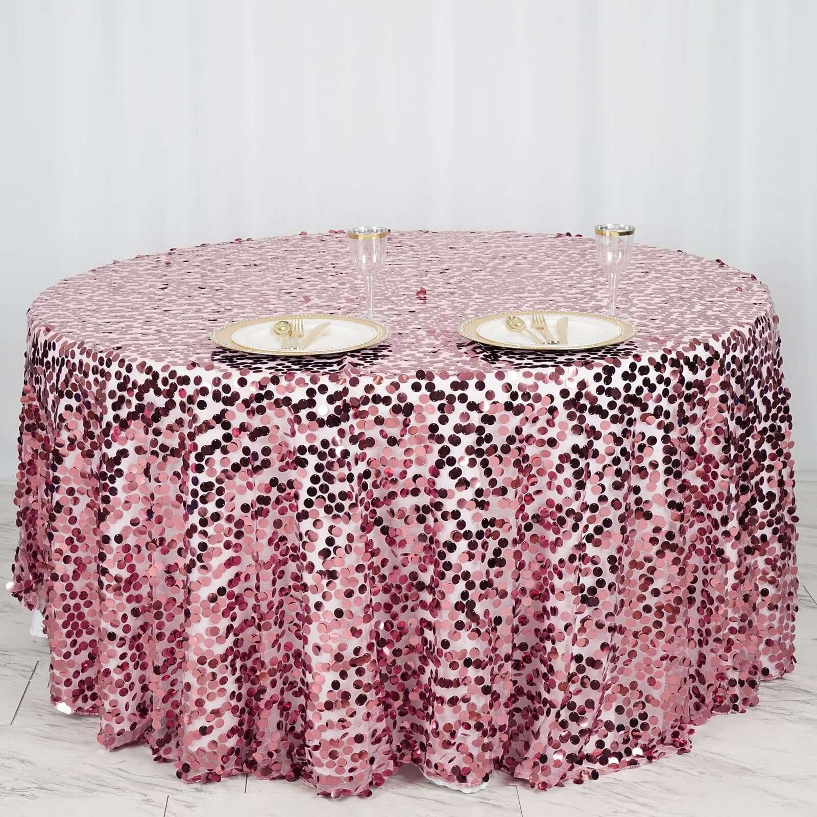 Sequin 120" Round Tablecloth Pink - Seamless Big Payette Table Cover - Linen Luxes