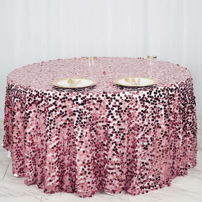 Sequin 120" Round Tablecloth Pink - Seamless Big Payette Table Cover - Linen Luxes