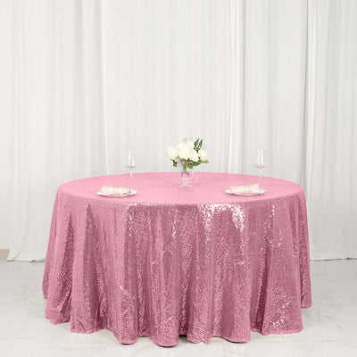 Sequin 120" Round Tablecloth Pink - Seamless Glittering Table Cover - Linen Luxes