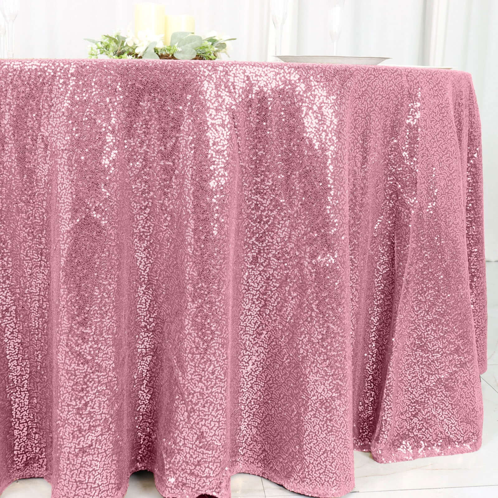 Sequin 120" Round Tablecloth Pink - Seamless Glittering Table Cover - Linen Luxes