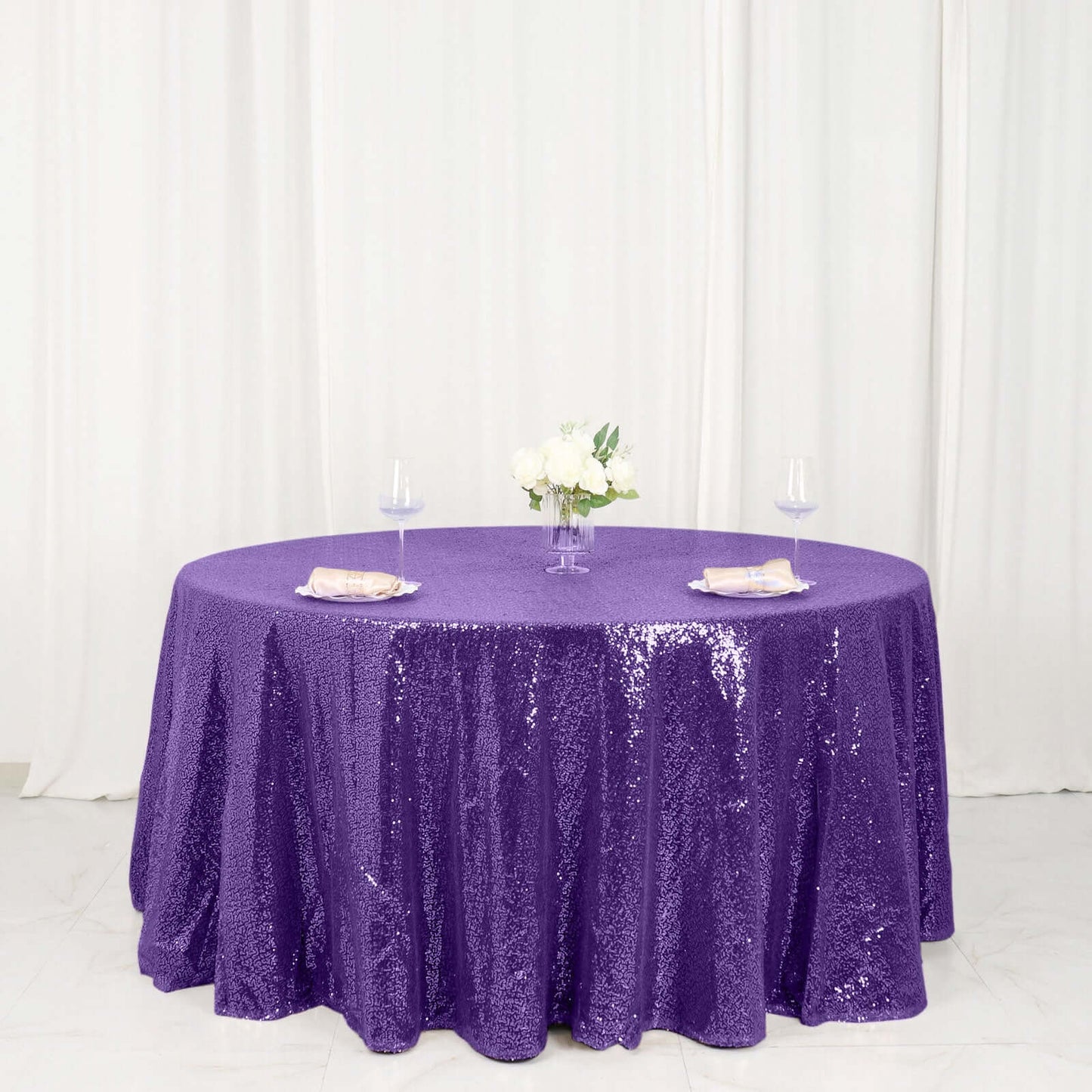 Sequin 120" Round Tablecloth Purple - Seamless Glittering Table Cover - Linen Luxes
