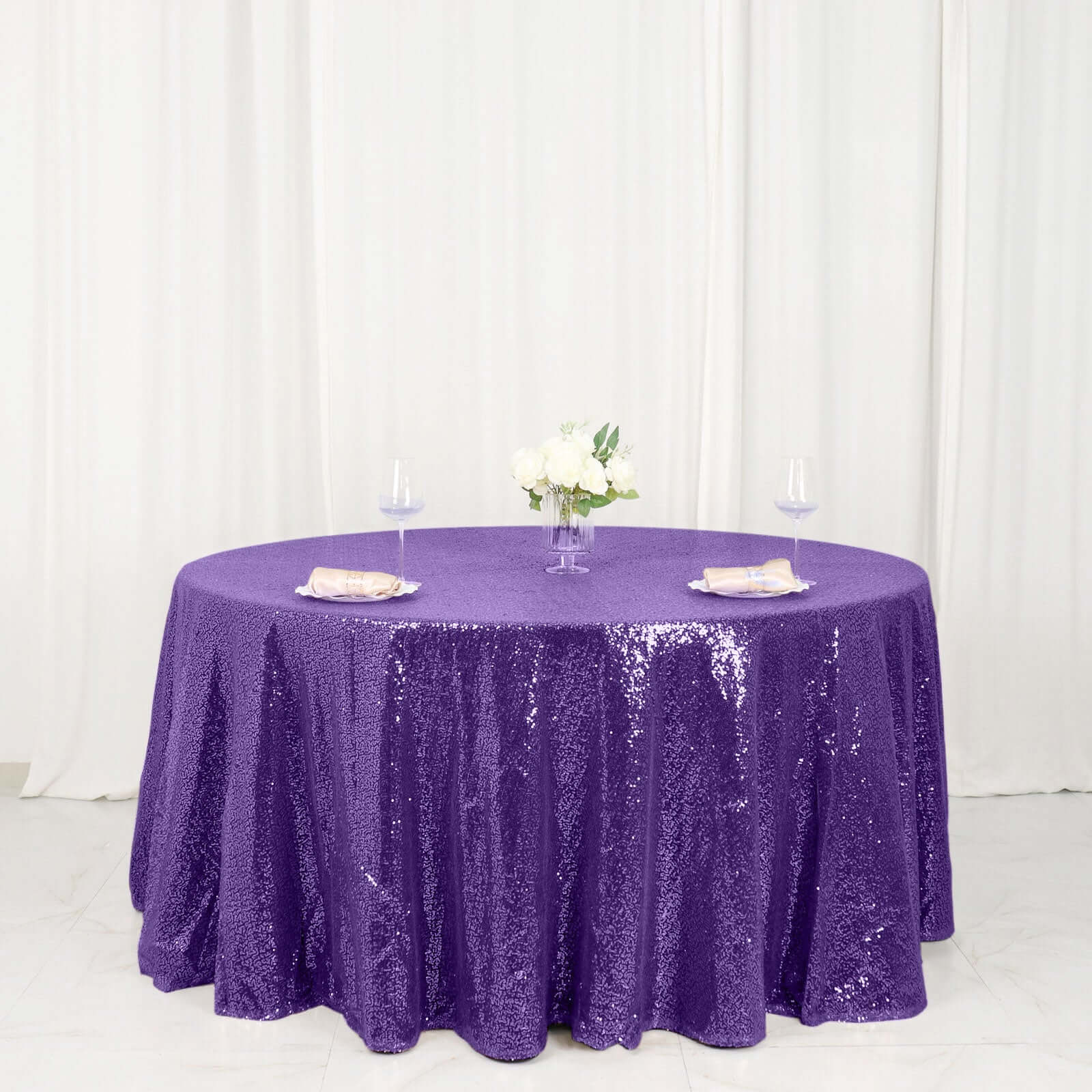 Sequin 120" Round Tablecloth Purple - Seamless Glittering Table Cover - Linen Luxes
