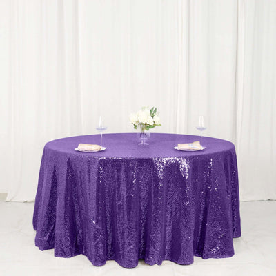 Sequin 120" Round Tablecloth Purple - Seamless Glittering Table Cover - Linen Luxes