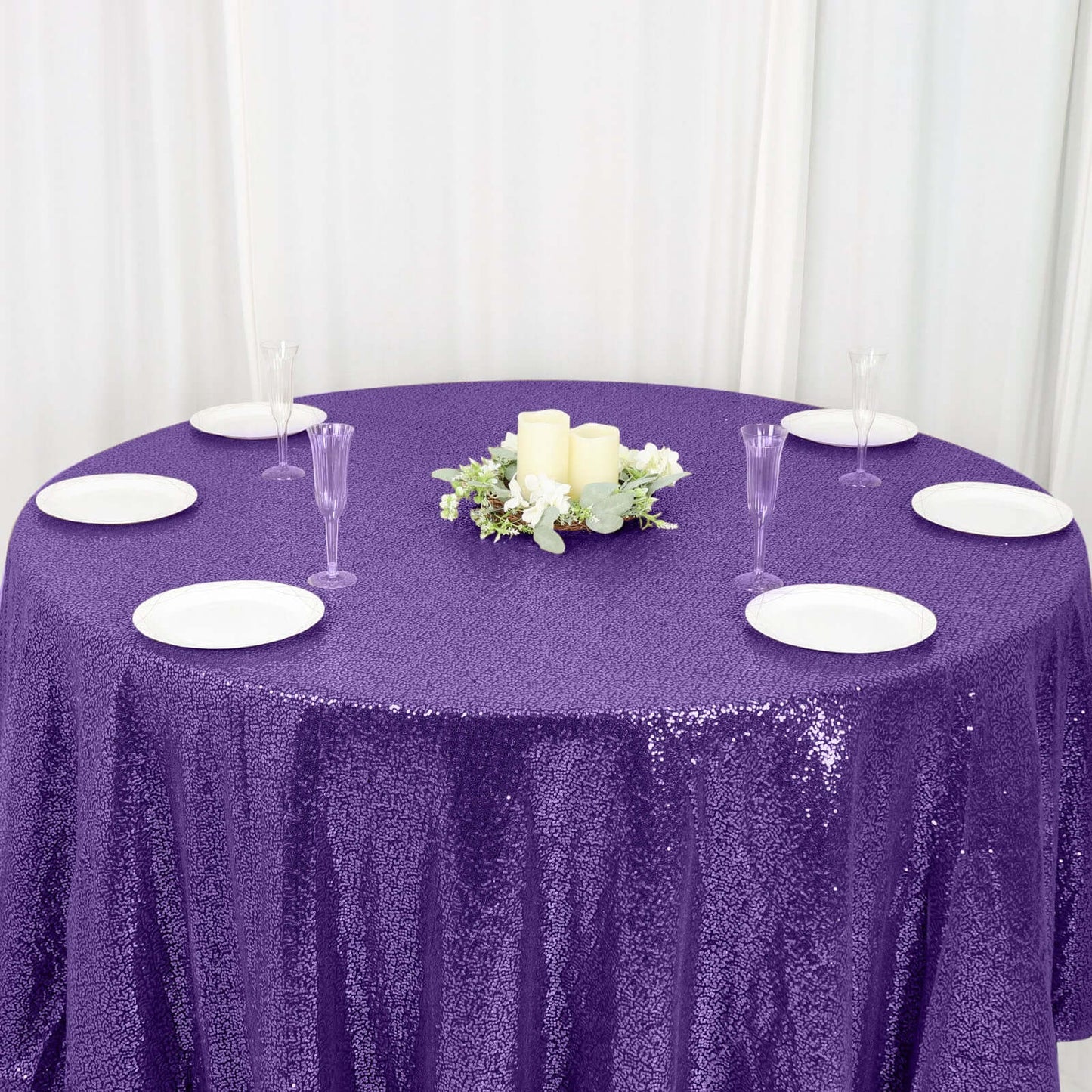 Sequin 120" Round Tablecloth Purple - Seamless Glittering Table Cover - Linen Luxes