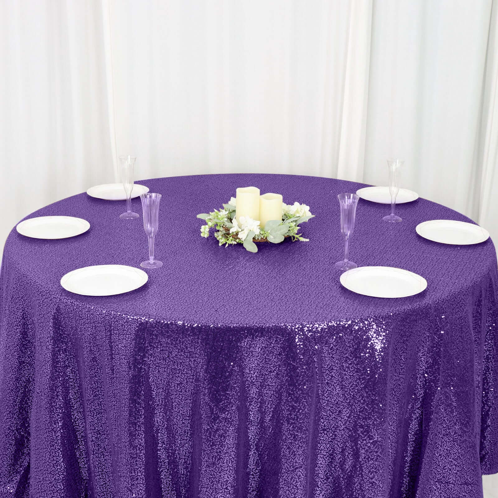 Sequin 120" Round Tablecloth Purple - Seamless Glittering Table Cover - Linen Luxes