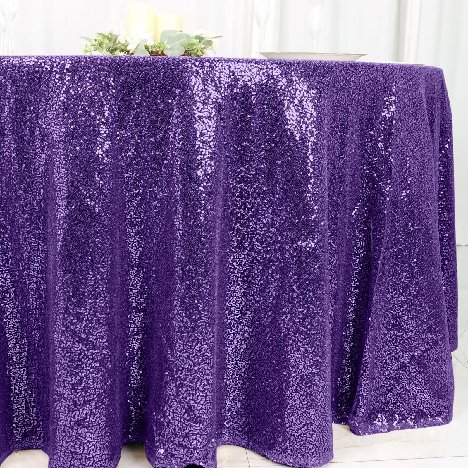Sequin 120" Round Tablecloth Purple - Seamless Glittering Table Cover - Linen Luxes