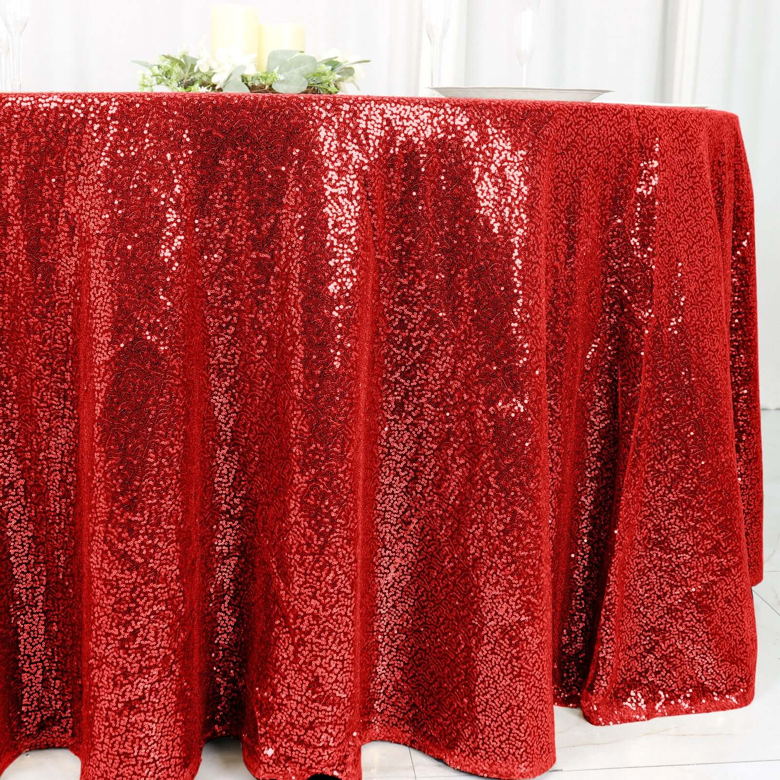 Sequin 120" Round Tablecloth Red - Seamless Glittering Table Cover - Linen Luxes