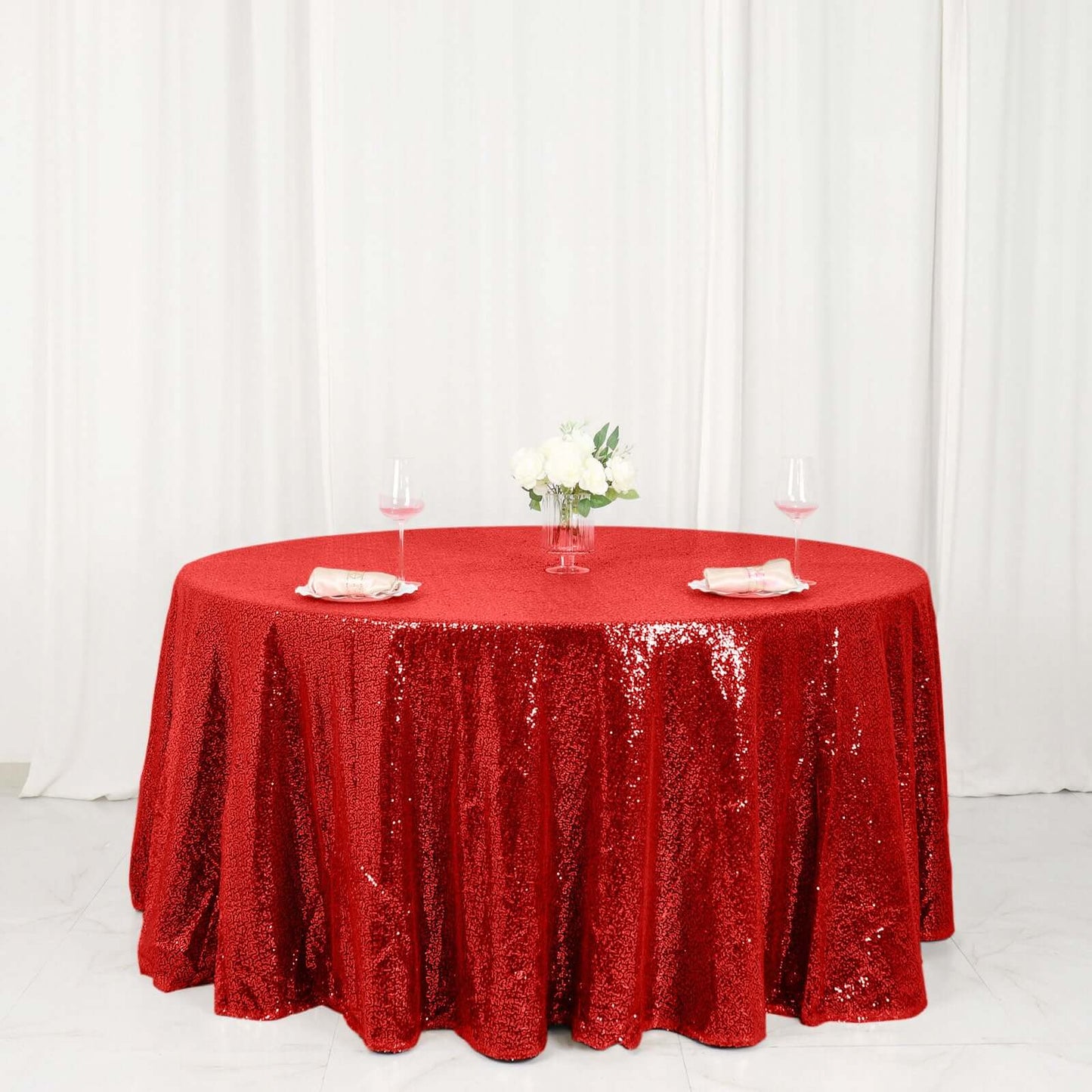 Sequin 120" Round Tablecloth Red - Seamless Glittering Table Cover - Linen Luxes