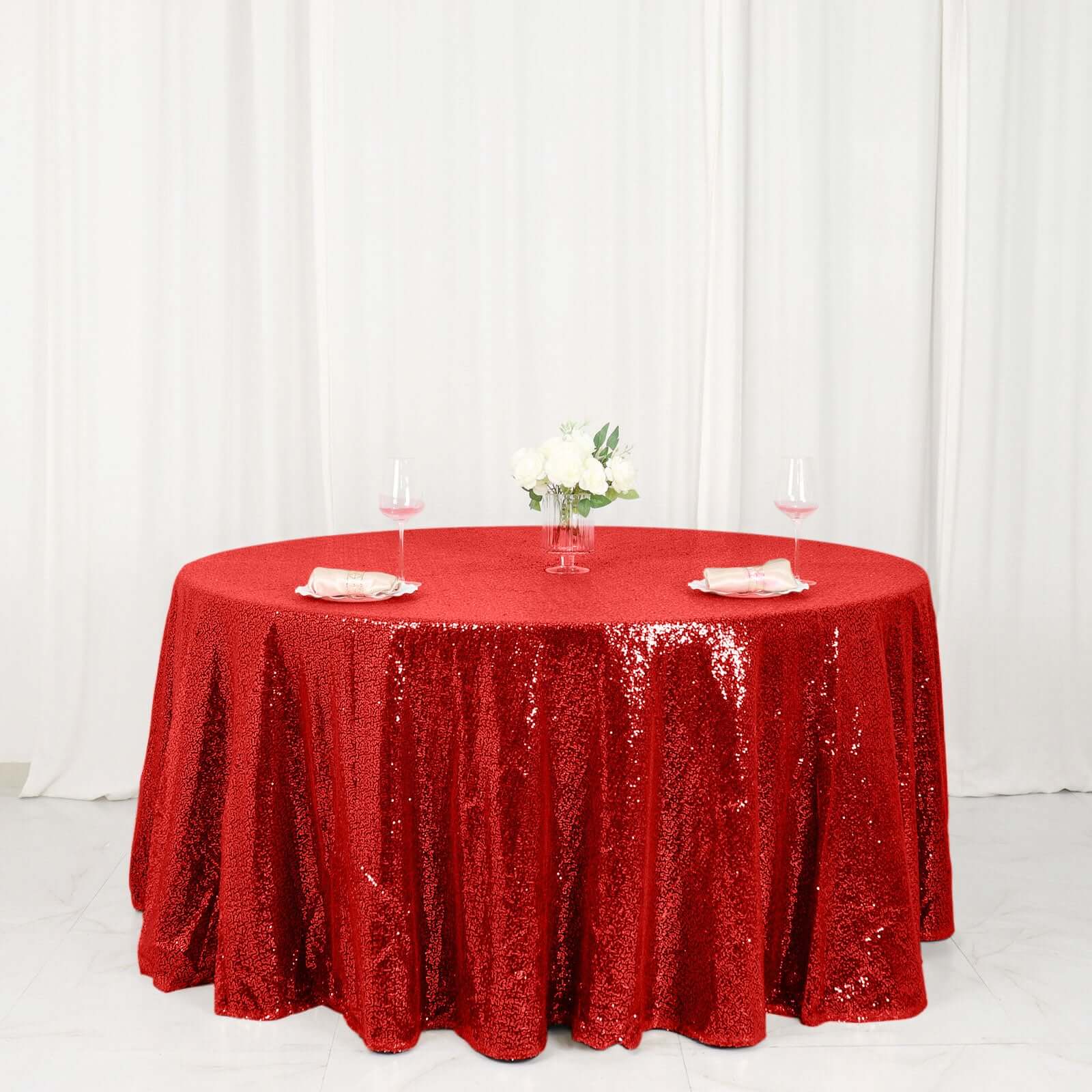 Sequin 120" Round Tablecloth Red - Seamless Glittering Table Cover - Linen Luxes