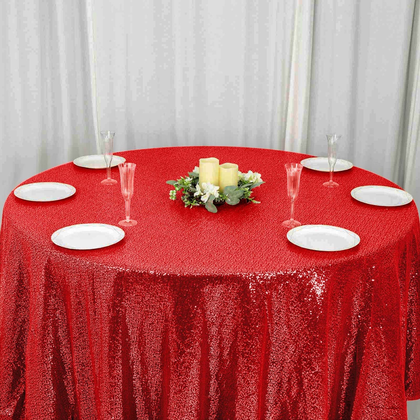 Sequin 120" Round Tablecloth Red - Seamless Glittering Table Cover - Linen Luxes