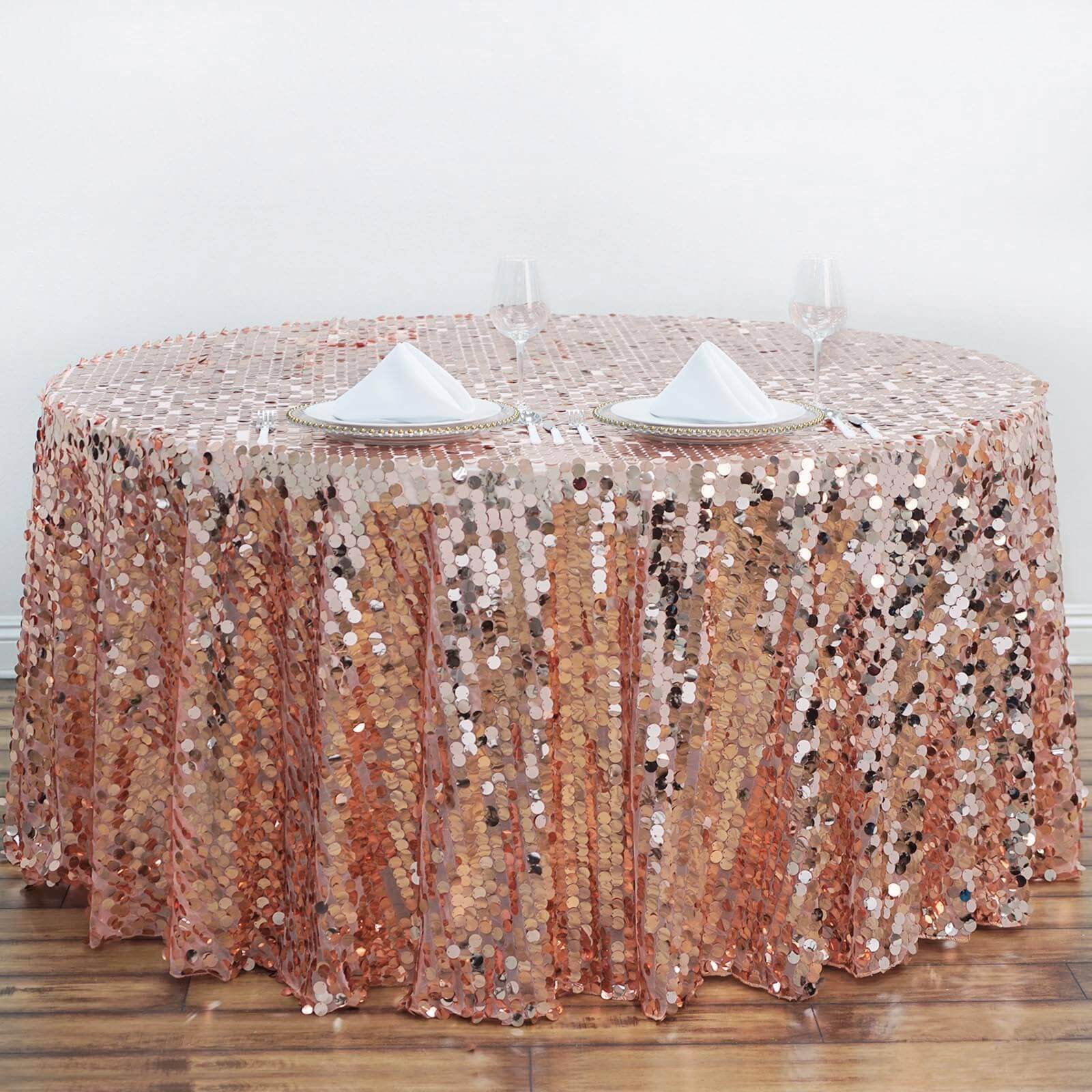 Sequin 120" Round Tablecloth Rose Gold - Seamless Big Payette Table Cover - Linen Luxes