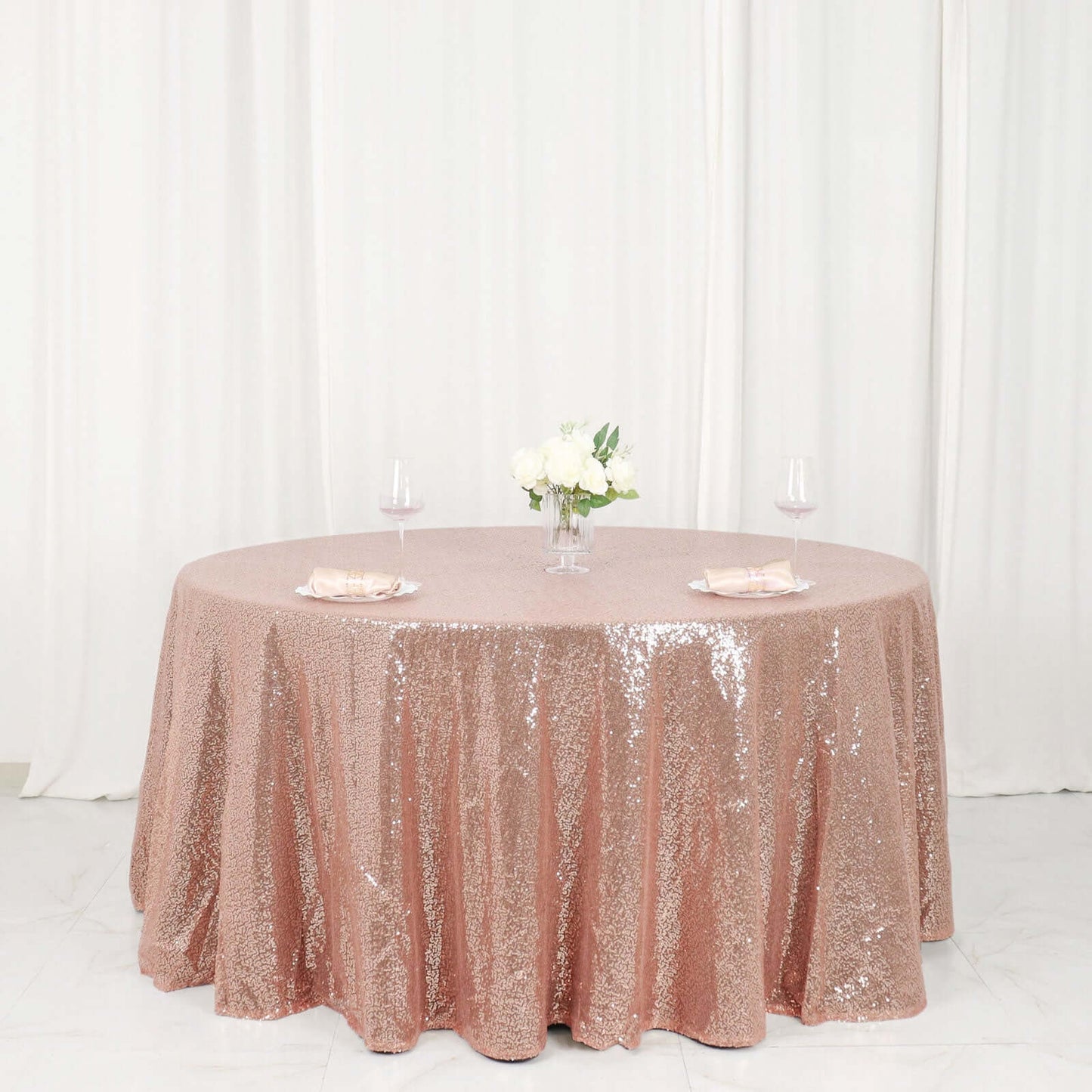 Sequin 120" Round Tablecloth Rose Gold - Seamless Glittering Table Cover - Linen Luxes
