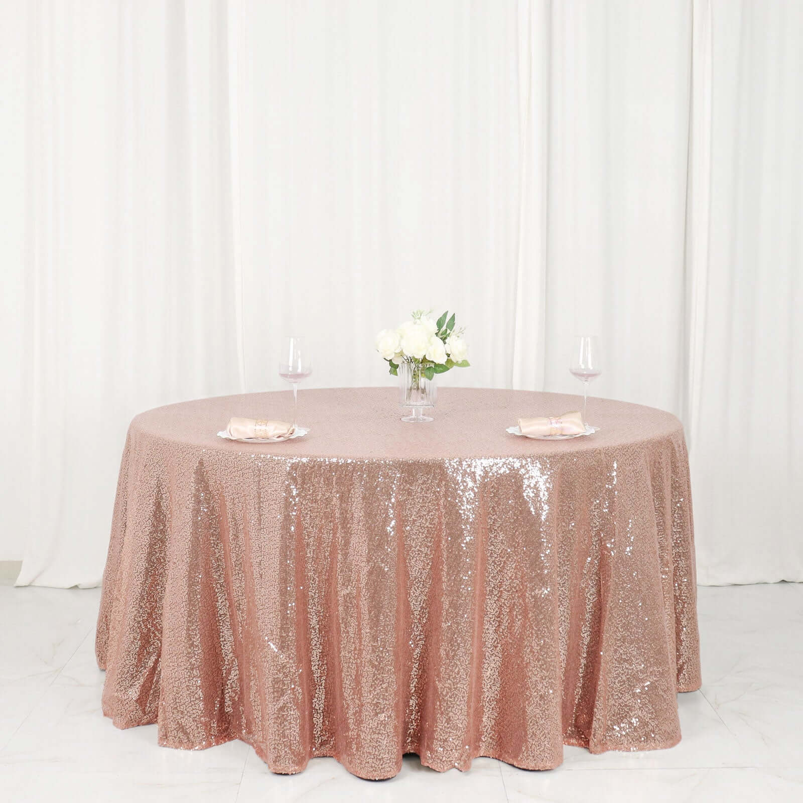 Sequin 120" Round Tablecloth Rose Gold - Seamless Glittering Table Cover - Linen Luxes