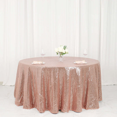 Sequin 120" Round Tablecloth Rose Gold - Seamless Glittering Table Cover - Linen Luxes
