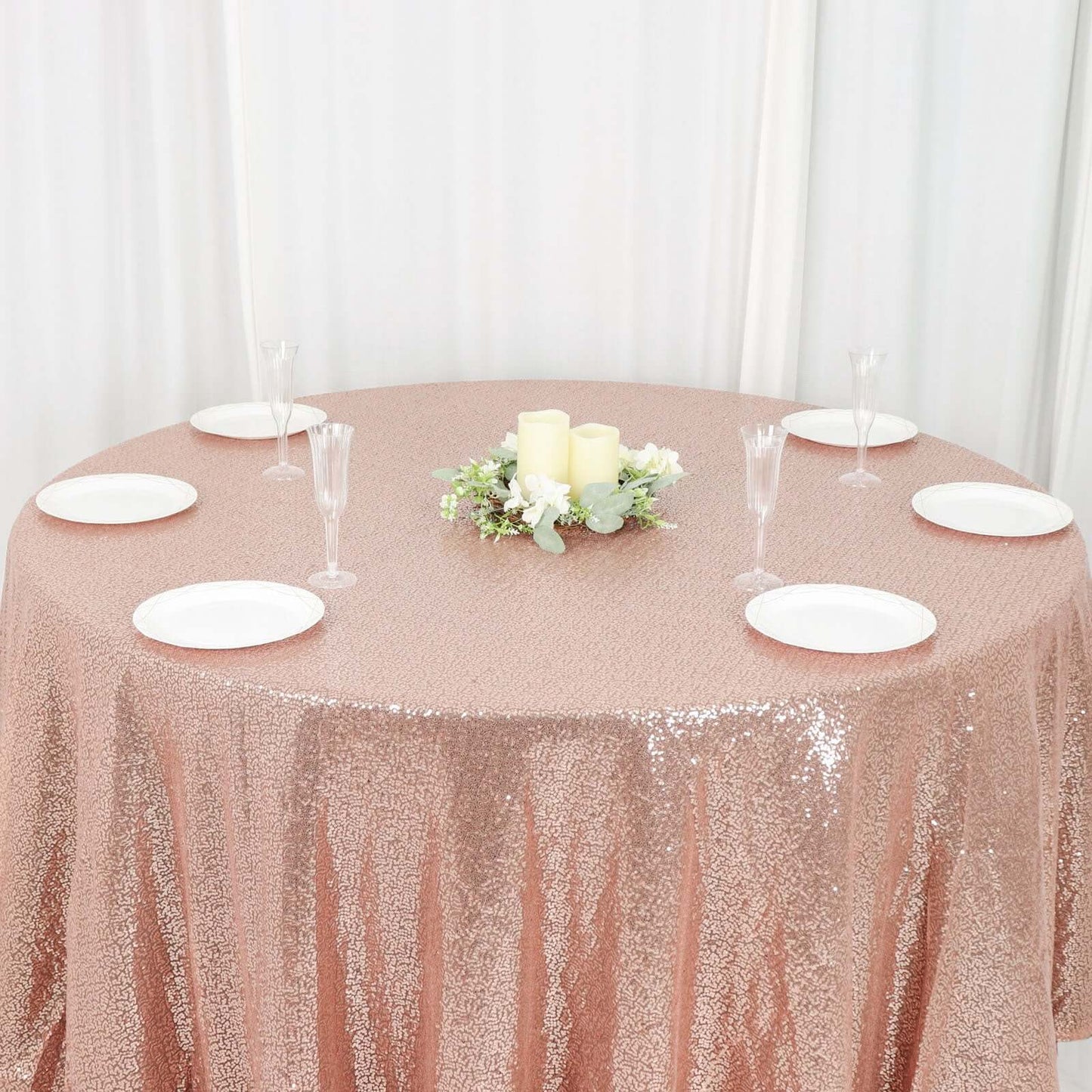 Sequin 120" Round Tablecloth Rose Gold - Seamless Glittering Table Cover - Linen Luxes