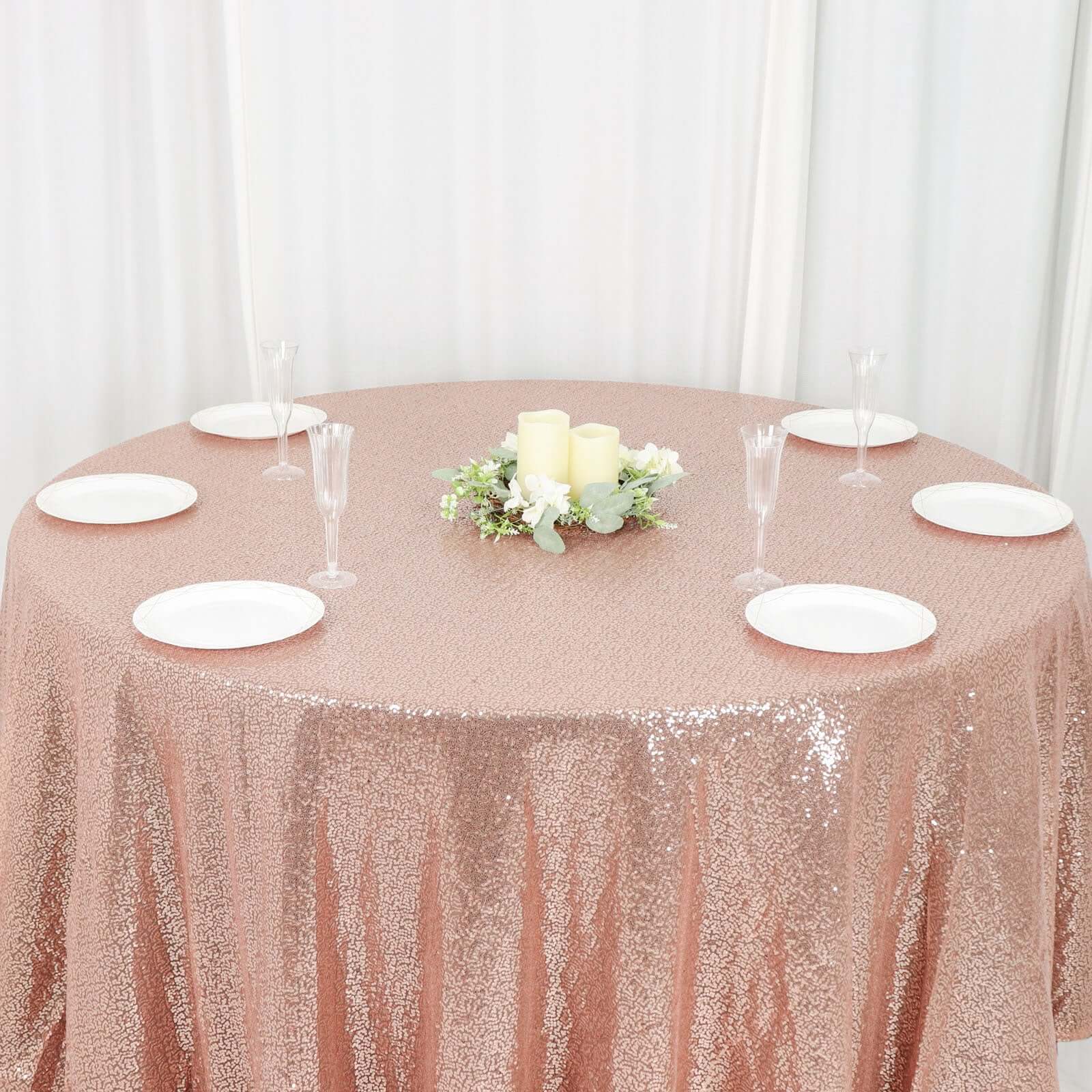 Sequin 120" Round Tablecloth Rose Gold - Seamless Glittering Table Cover - Linen Luxes