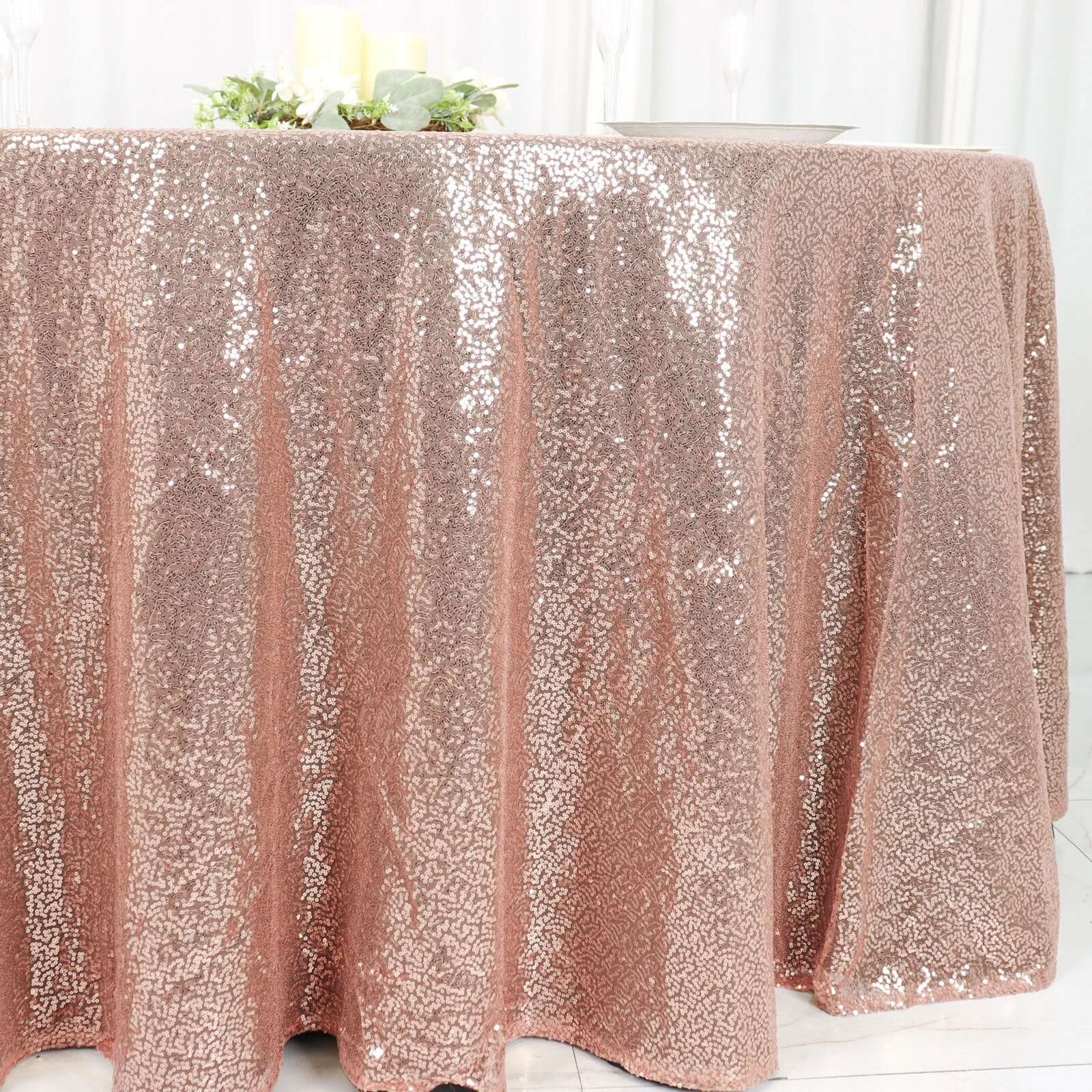 Sequin 120" Round Tablecloth Rose Gold - Seamless Glittering Table Cover - Linen Luxes