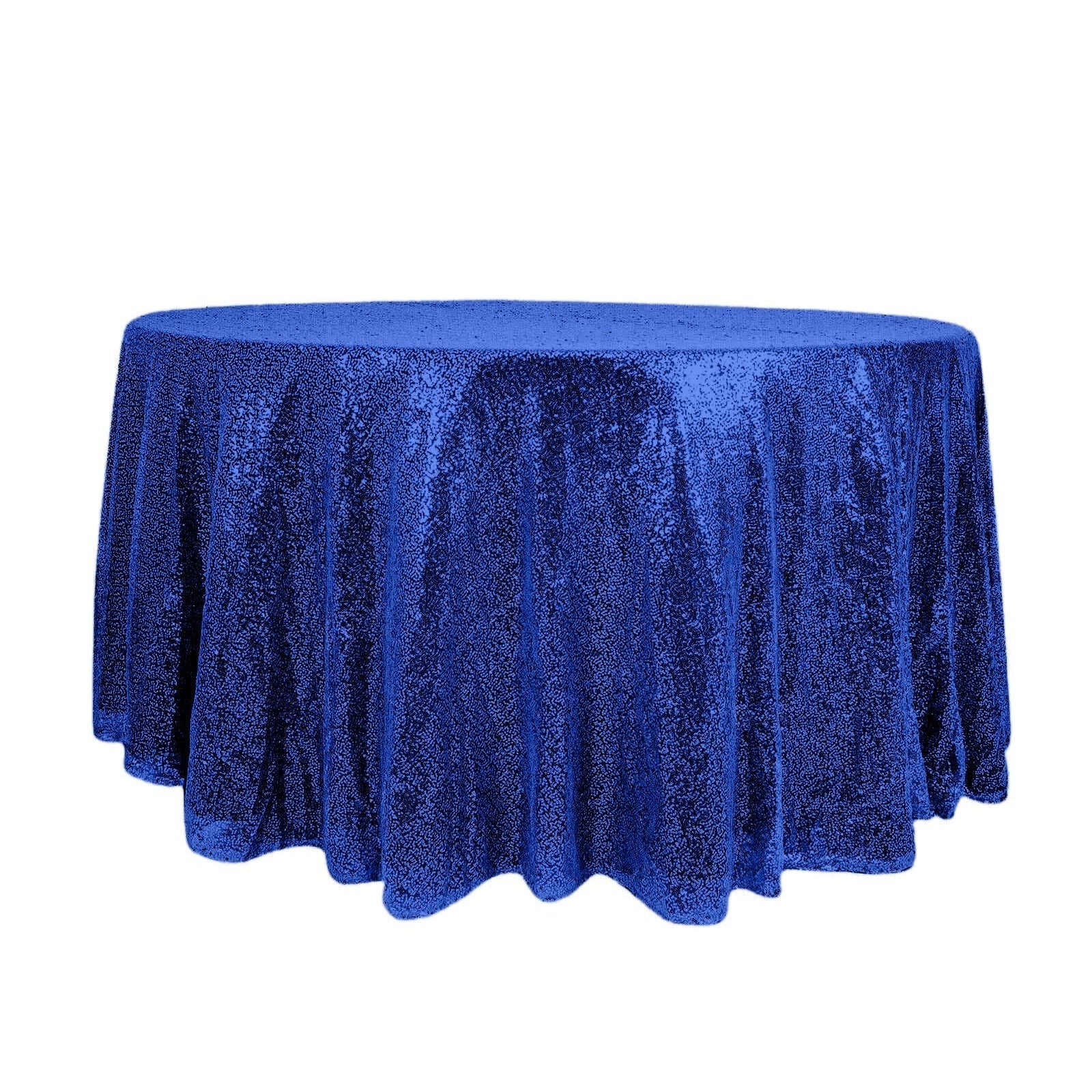 Sequin 120" Round Tablecloth Royal Blue - Seamless Glittering Table Cover - Linen Luxes