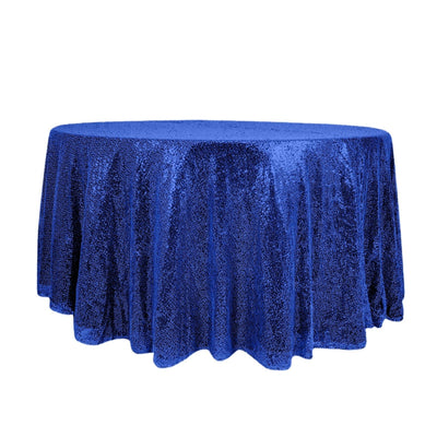 Sequin 120" Round Tablecloth Royal Blue - Seamless Glittering Table Cover - Linen Luxes