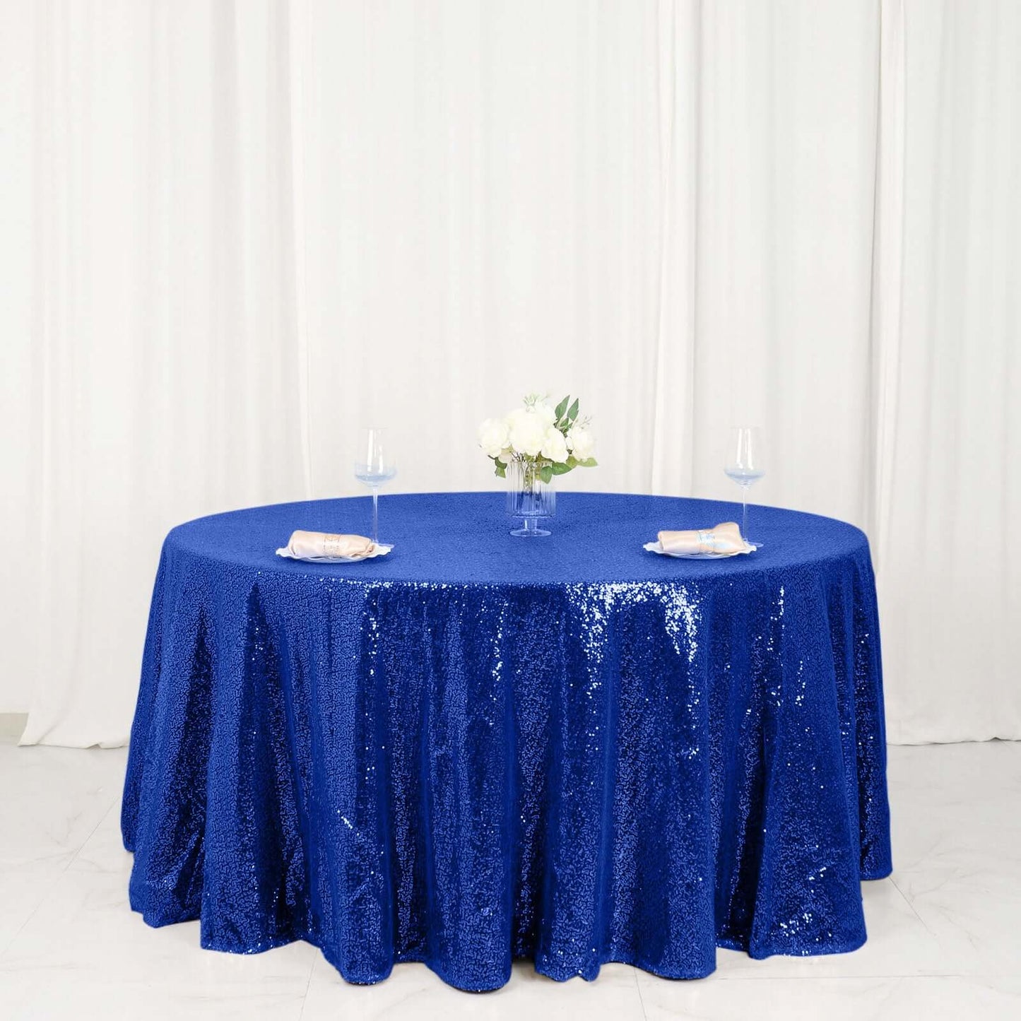 Sequin 120" Round Tablecloth Royal Blue - Seamless Glittering Table Cover - Linen Luxes
