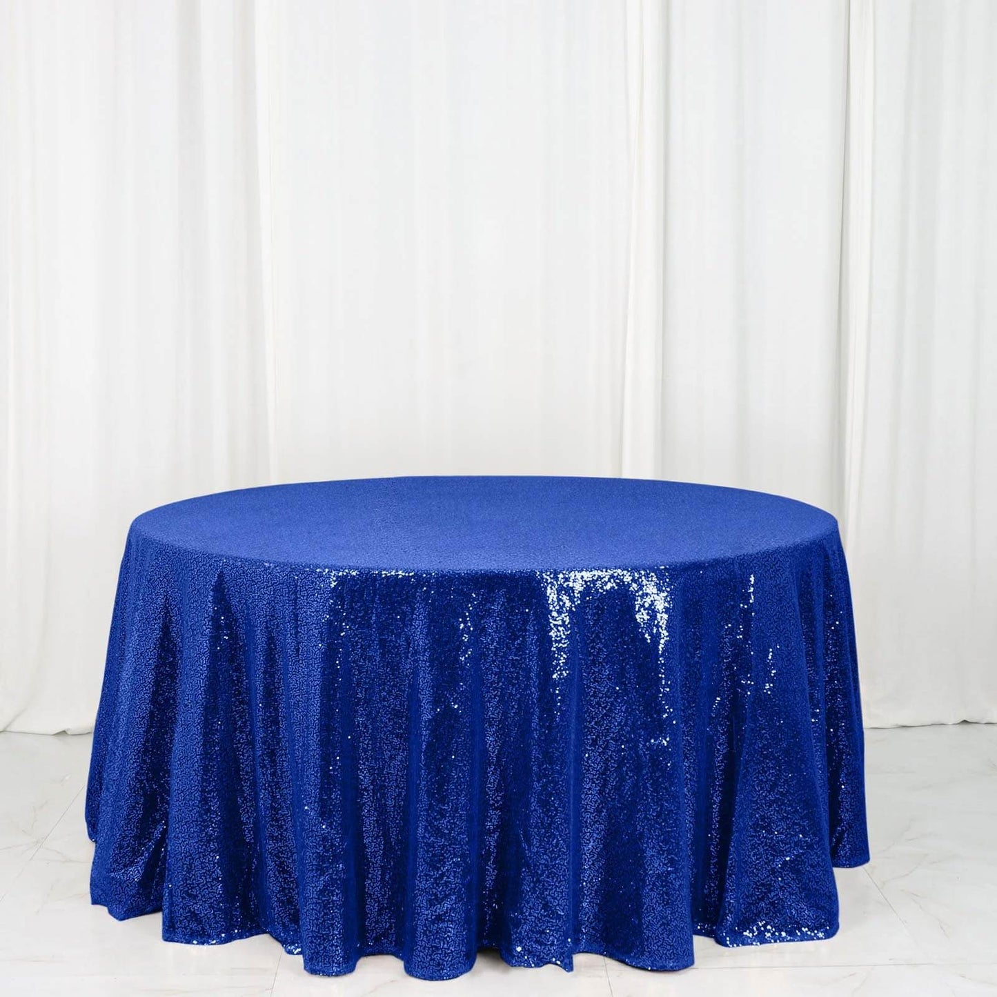 Sequin 120" Round Tablecloth Royal Blue - Seamless Glittering Table Cover - Linen Luxes