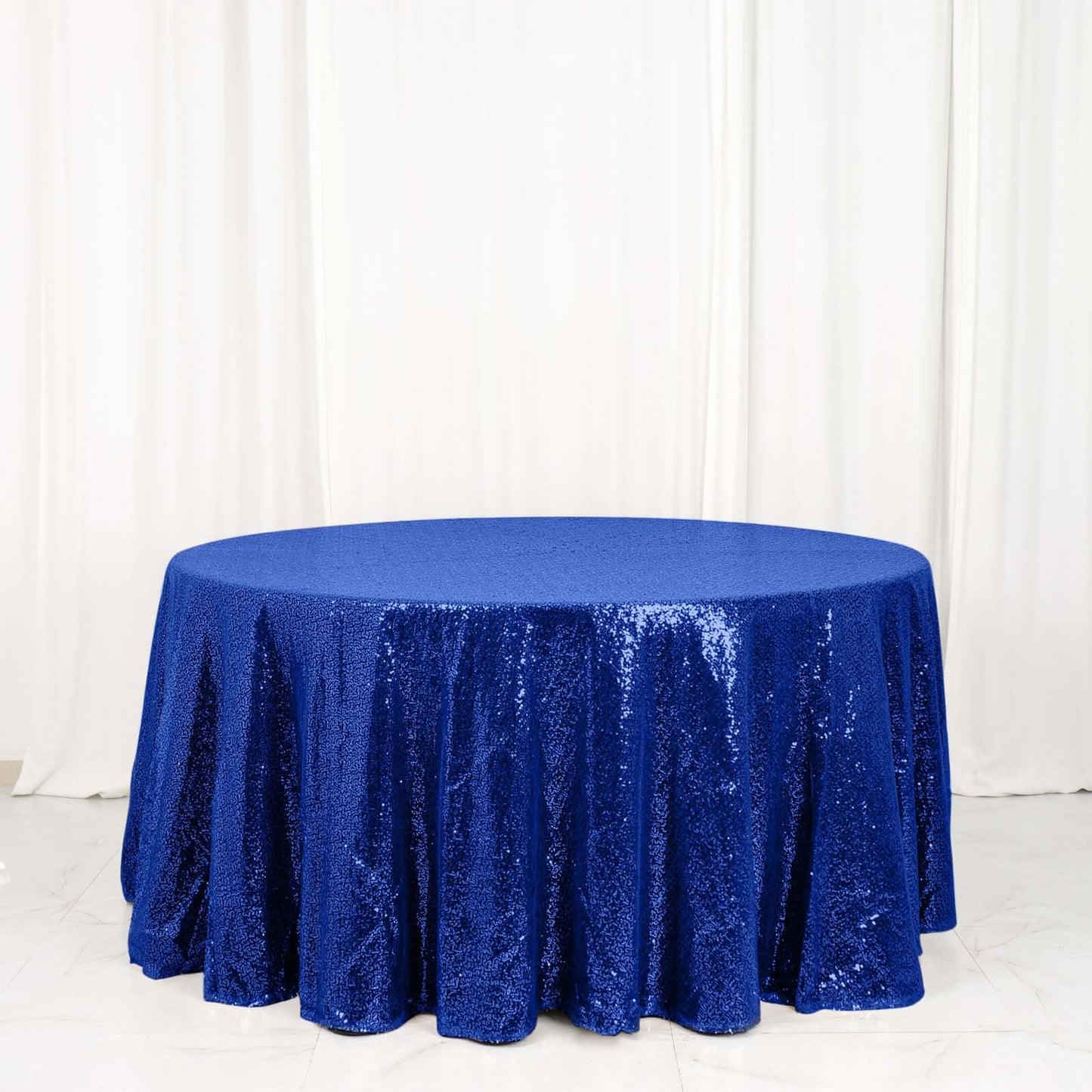 Sequin 120" Round Tablecloth Royal Blue - Seamless Glittering Table Cover - Linen Luxes
