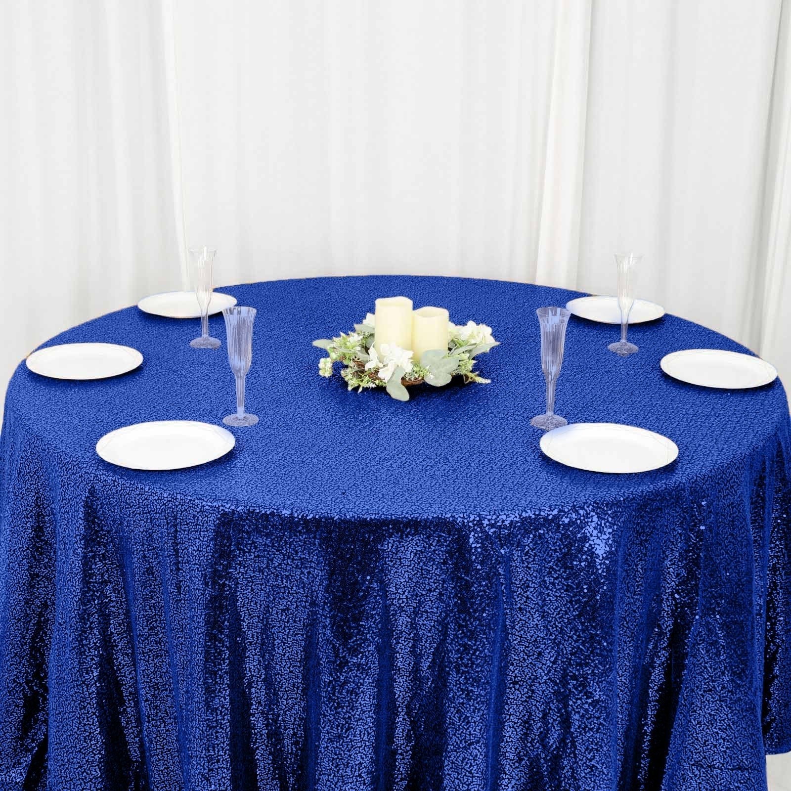 Sequin 120" Round Tablecloth Royal Blue - Seamless Glittering Table Cover - Linen Luxes