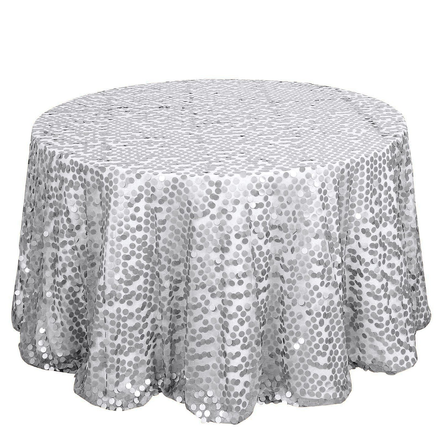 Sequin 120" Round Tablecloth Silver - Seamless Big Payette Design Table Cover - Linen Luxes