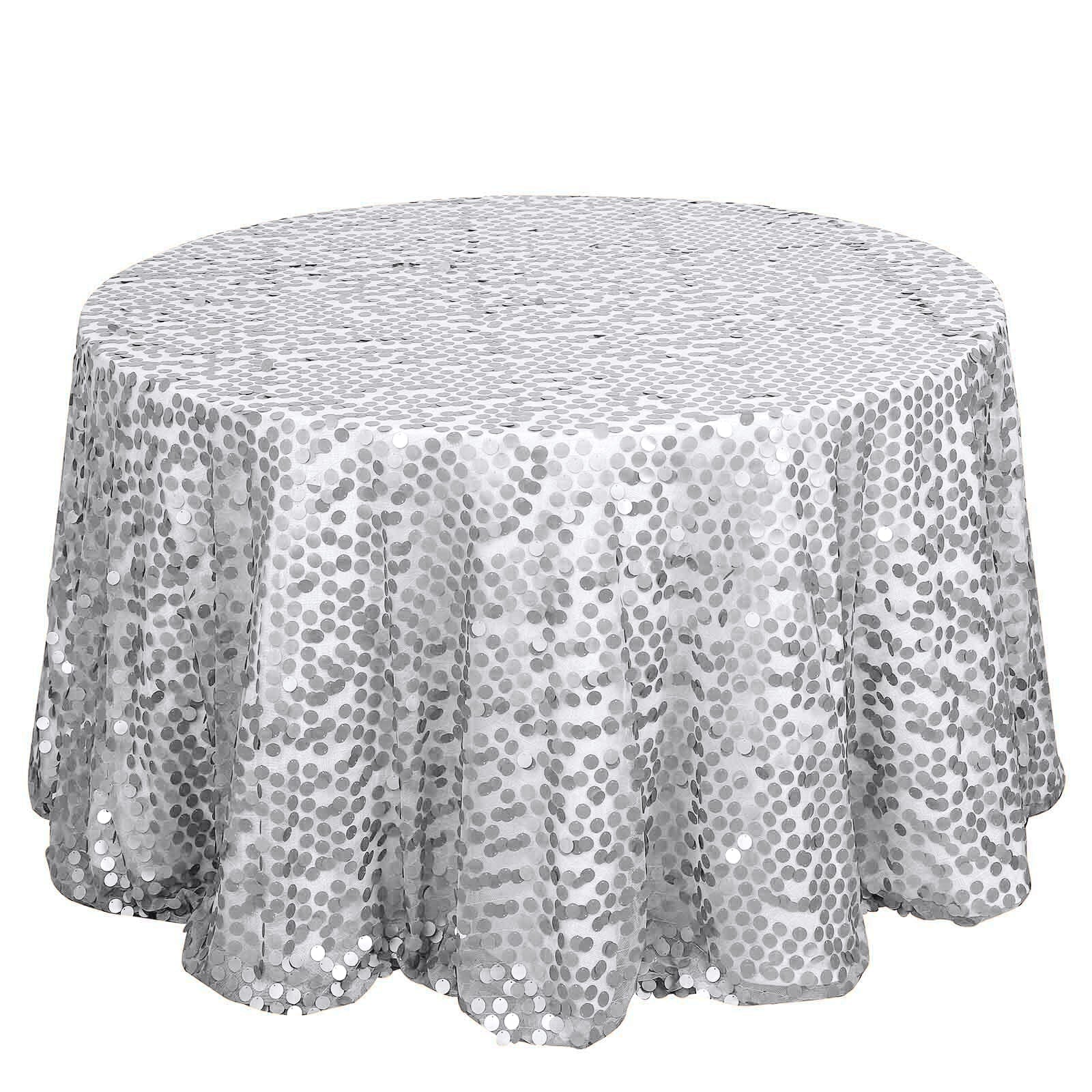 Sequin 120" Round Tablecloth Silver - Seamless Big Payette Design Table Cover - Linen Luxes