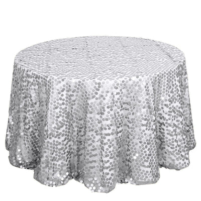 Sequin 120" Round Tablecloth Silver - Seamless Big Payette Design Table Cover - Linen Luxes