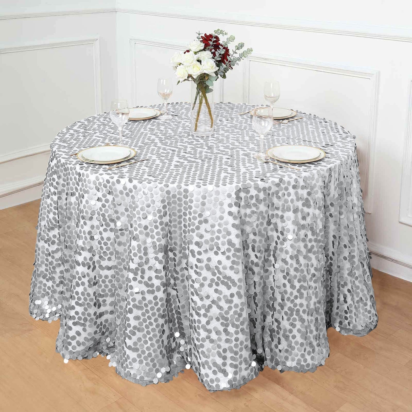 Sequin 120" Round Tablecloth Silver - Seamless Big Payette Design Table Cover - Linen Luxes