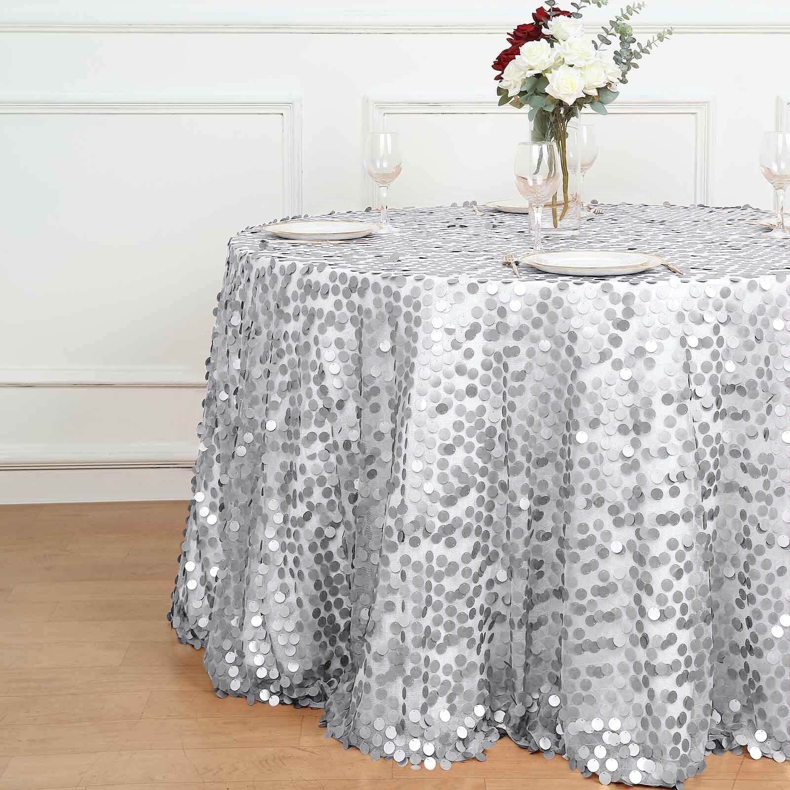 Sequin 120" Round Tablecloth Silver - Seamless Big Payette Design Table Cover - Linen Luxes