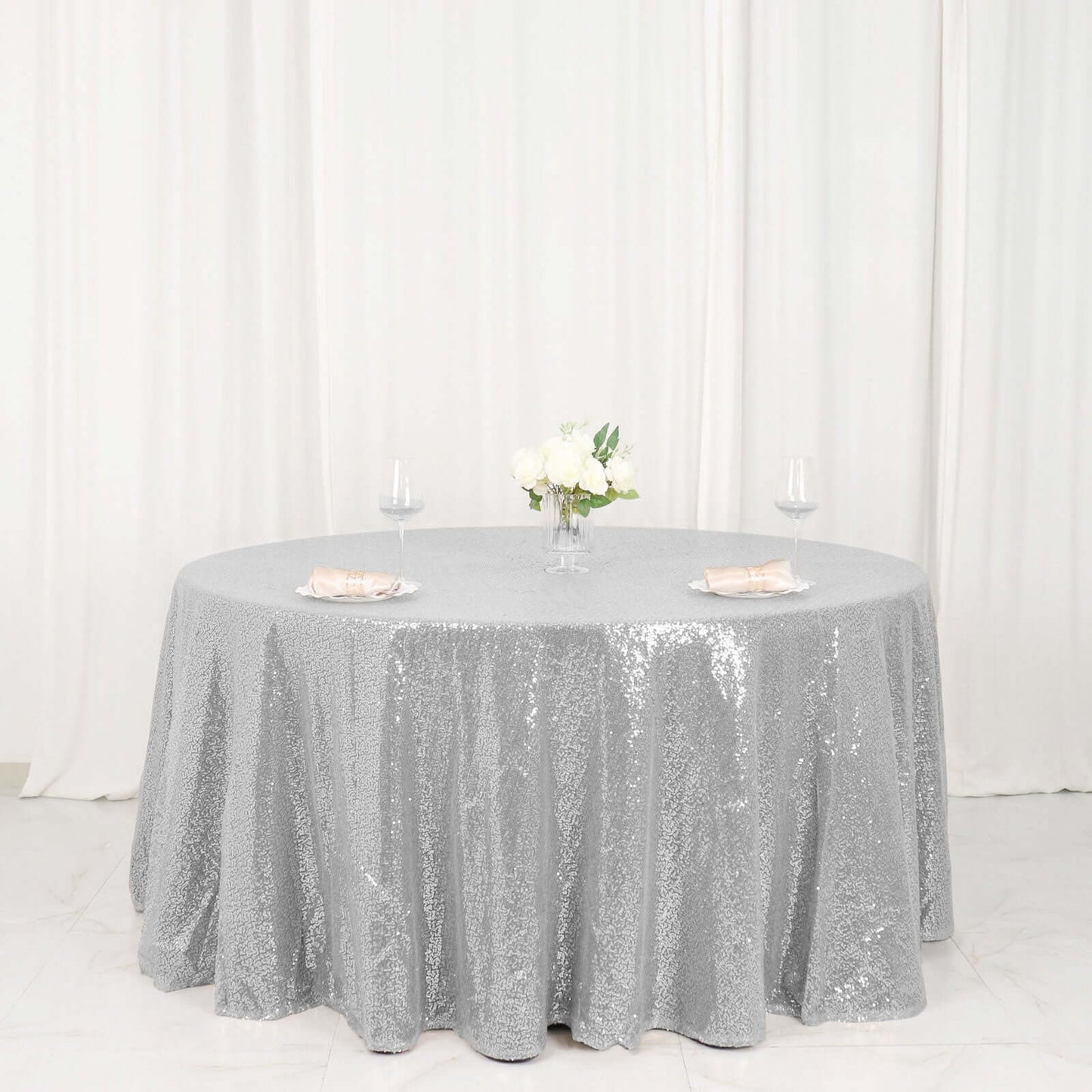 Sequin 120" Round Tablecloth Silver - Seamless Glittering Table Cover - Linen Luxes