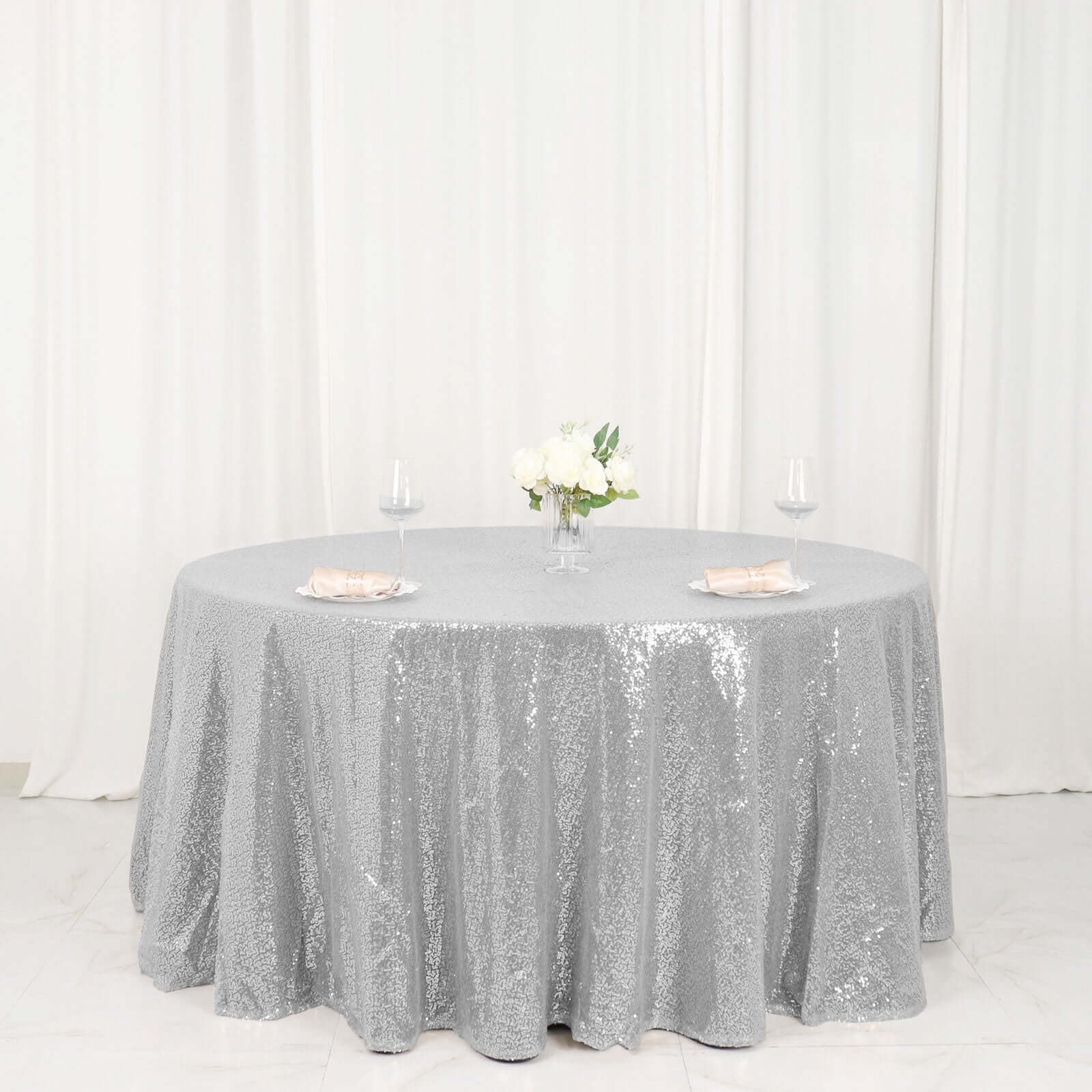 Sequin 120" Round Tablecloth Silver - Seamless Glittering Table Cover - Linen Luxes