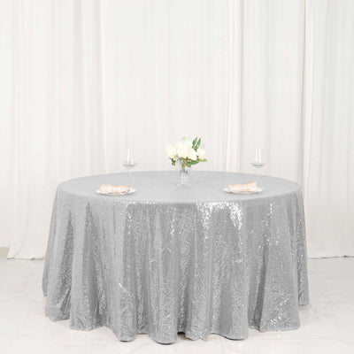 Sequin 120" Round Tablecloth Silver - Seamless Glittering Table Cover - Linen Luxes