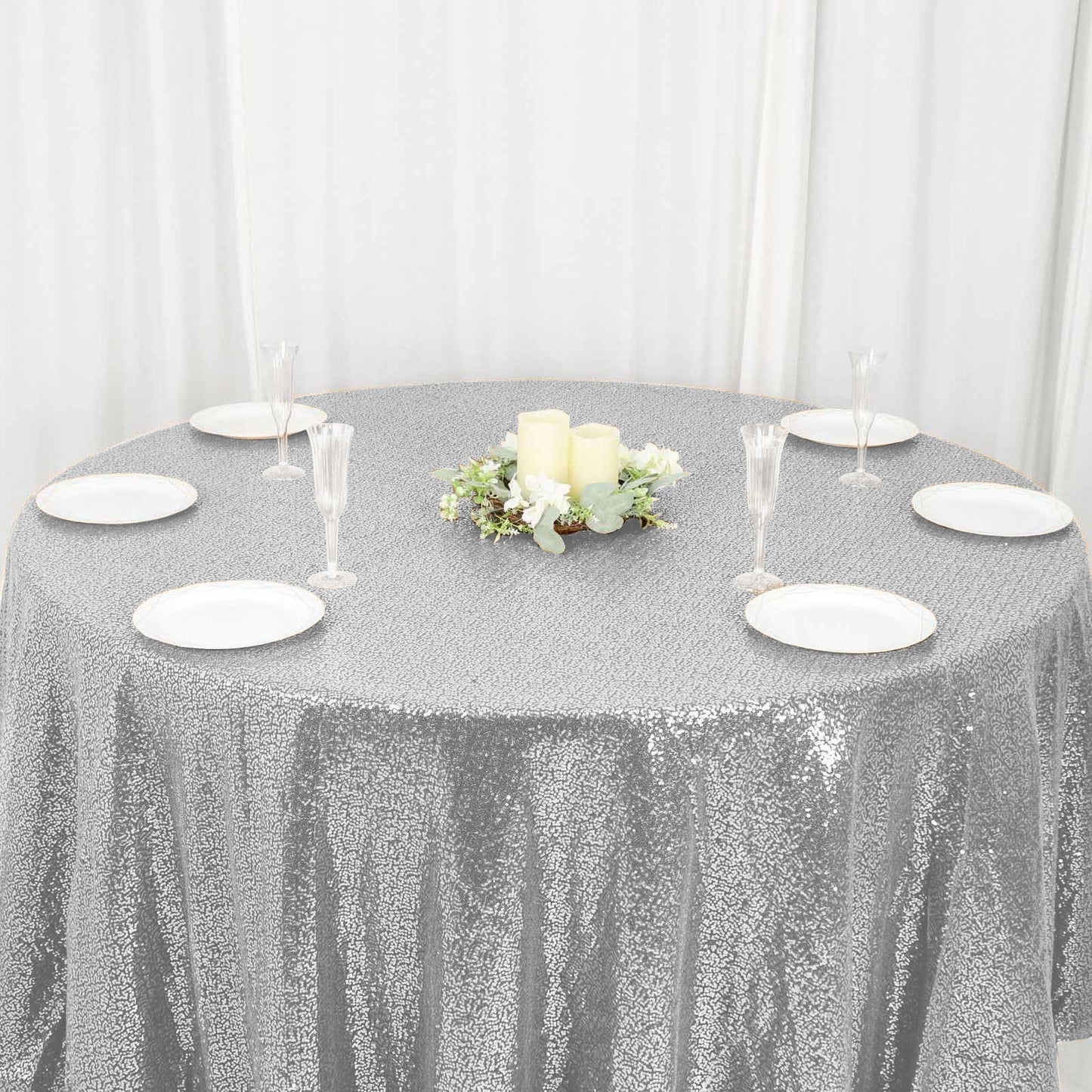 Sequin 120" Round Tablecloth Silver - Seamless Glittering Table Cover - Linen Luxes