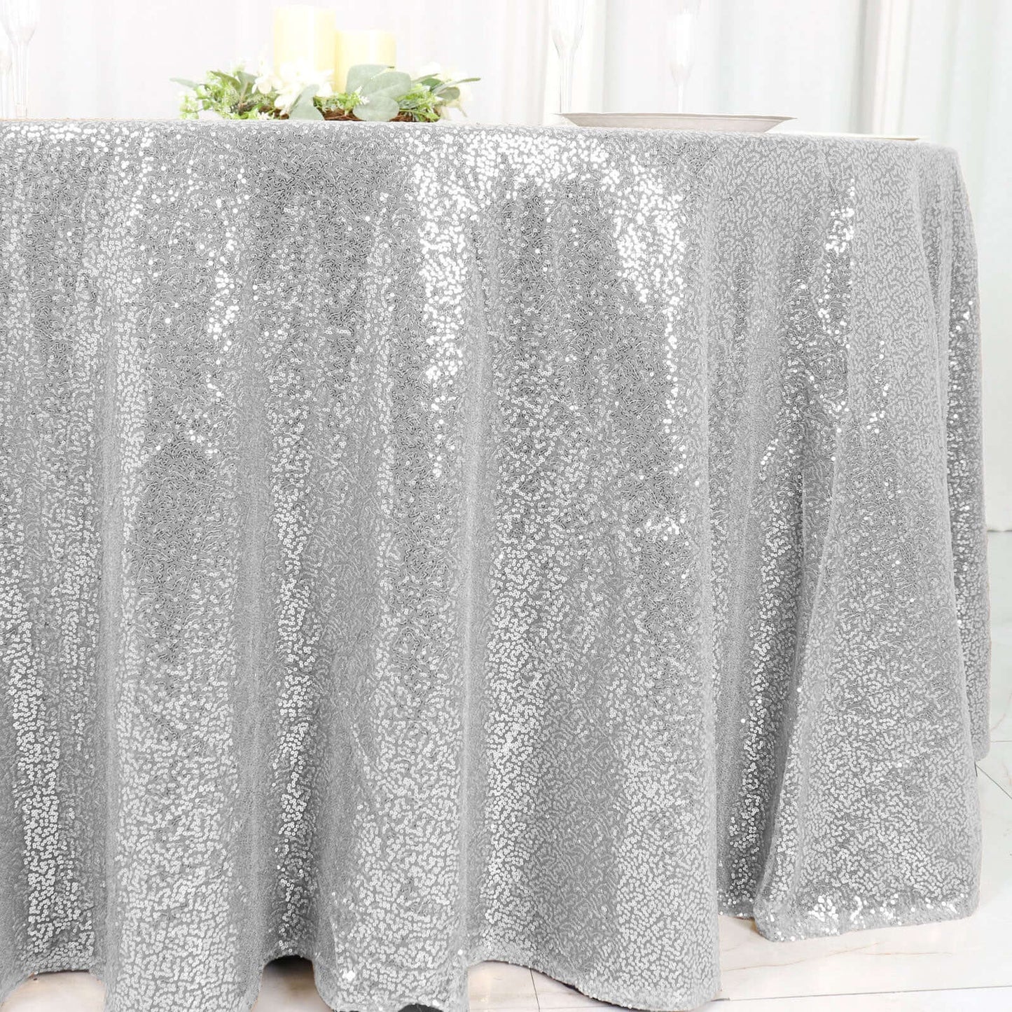 Sequin 120" Round Tablecloth Silver - Seamless Glittering Table Cover - Linen Luxes