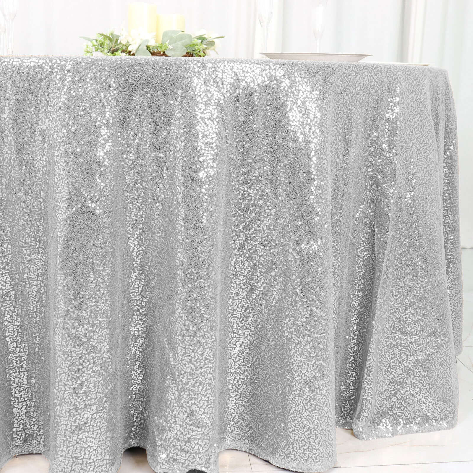 Sequin 120" Round Tablecloth Silver - Seamless Glittering Table Cover - Linen Luxes
