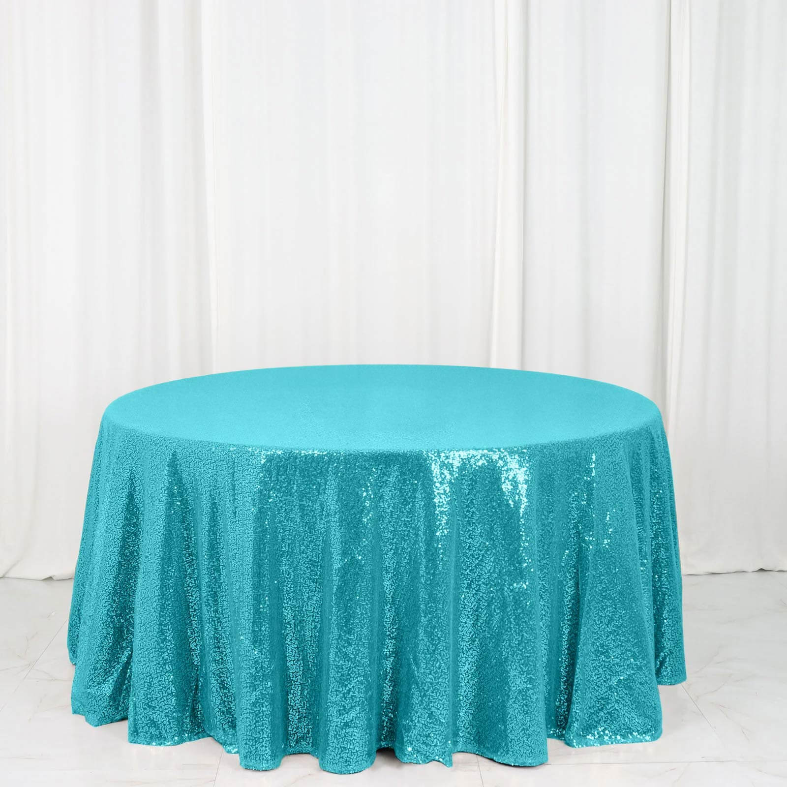 Sequin 120" Round Tablecloth Turquoise - Seamless Glittering Table Cover - Linen Luxes