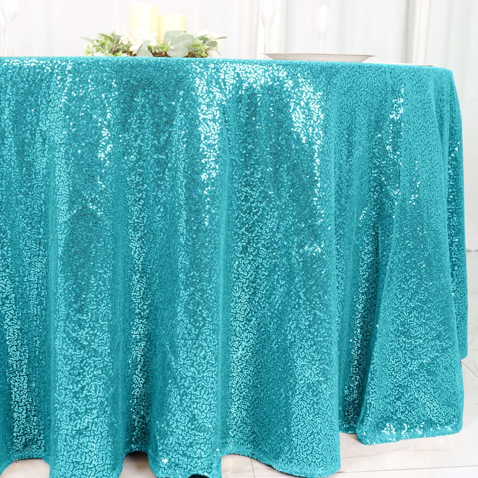 Sequin 120" Round Tablecloth Turquoise - Seamless Glittering Table Cover - Linen Luxes