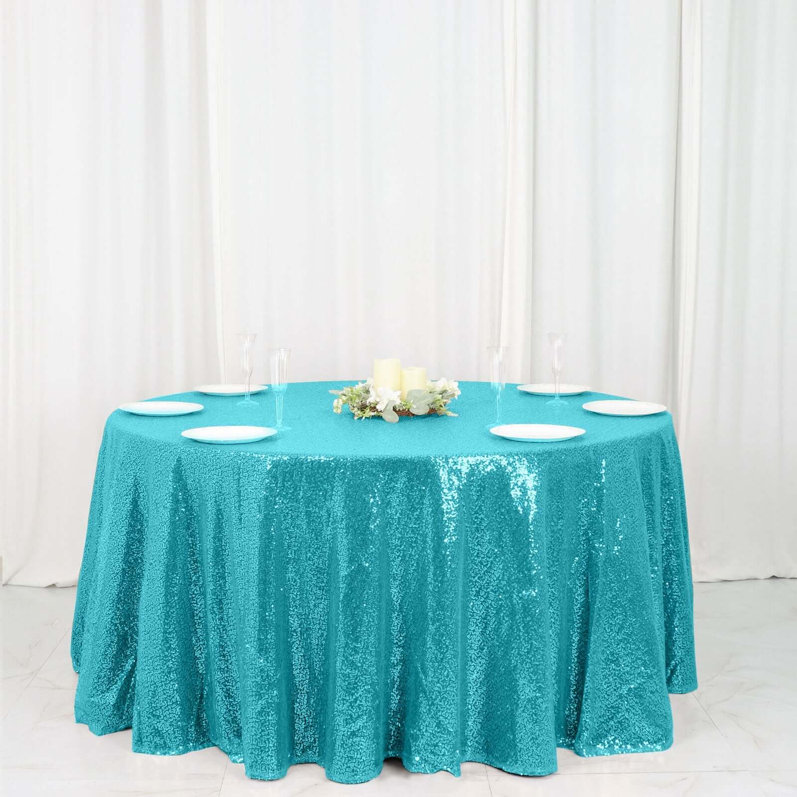 Sequin 120" Round Tablecloth Turquoise - Seamless Glittering Table Cover - Linen Luxes