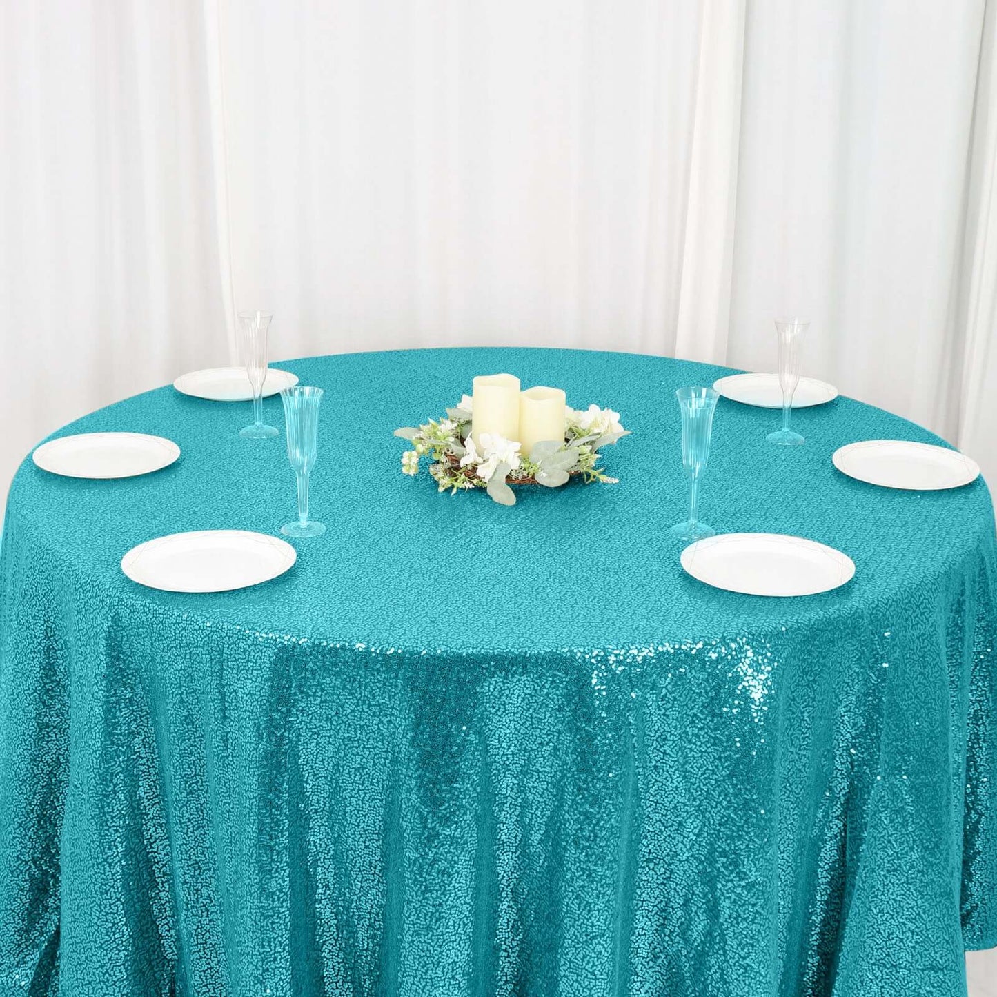 Sequin 120" Round Tablecloth Turquoise - Seamless Glittering Table Cover - Linen Luxes