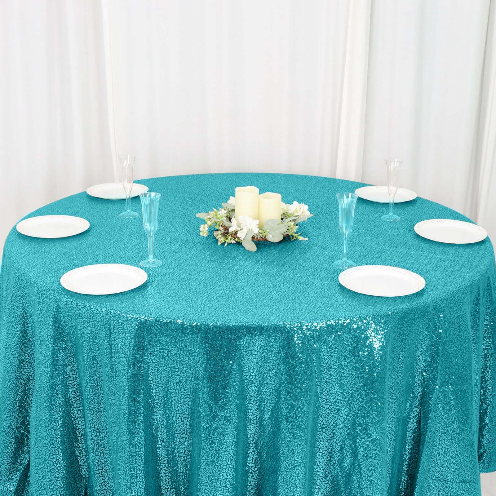 Sequin 120" Round Tablecloth Turquoise - Seamless Glittering Table Cover - Linen Luxes