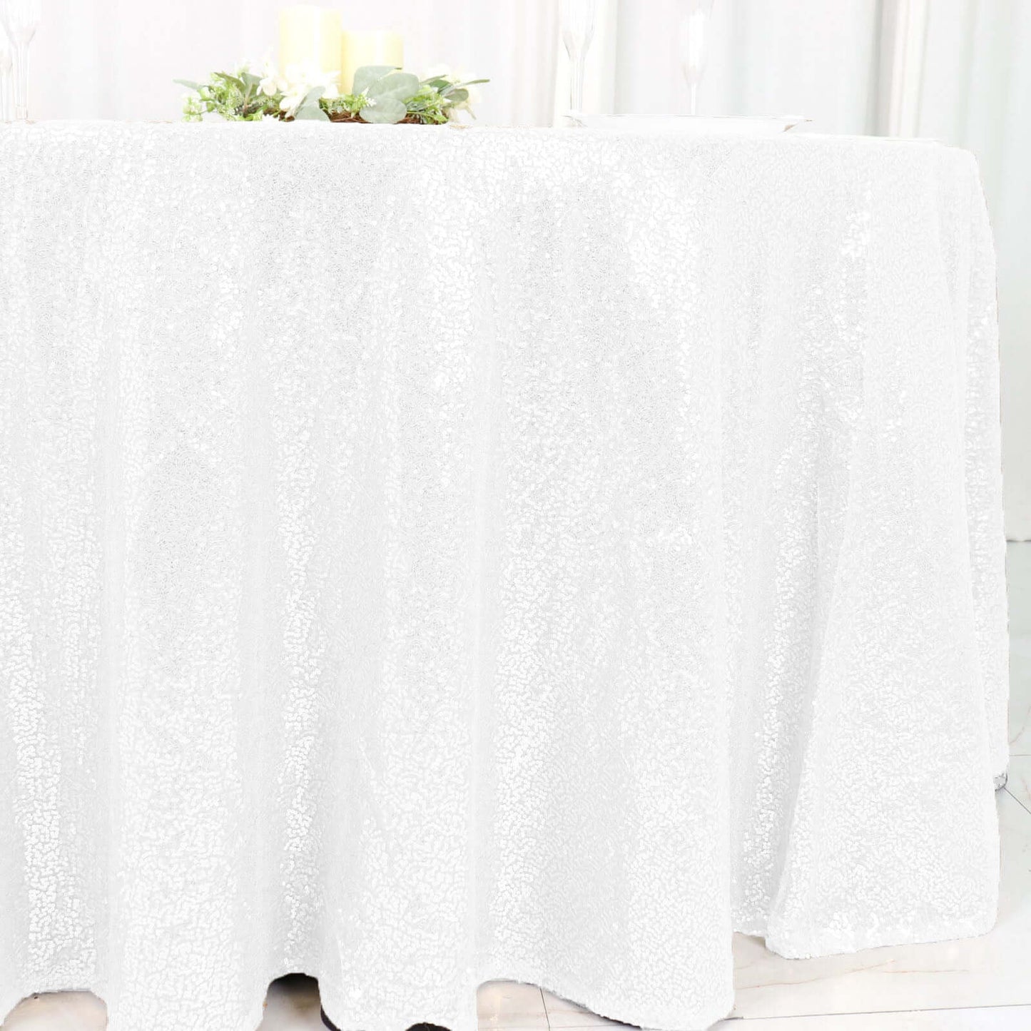 Sequin 120" Round Tablecloth White - Seamless Glittering Design for Sophisticated Events - Linen Luxes