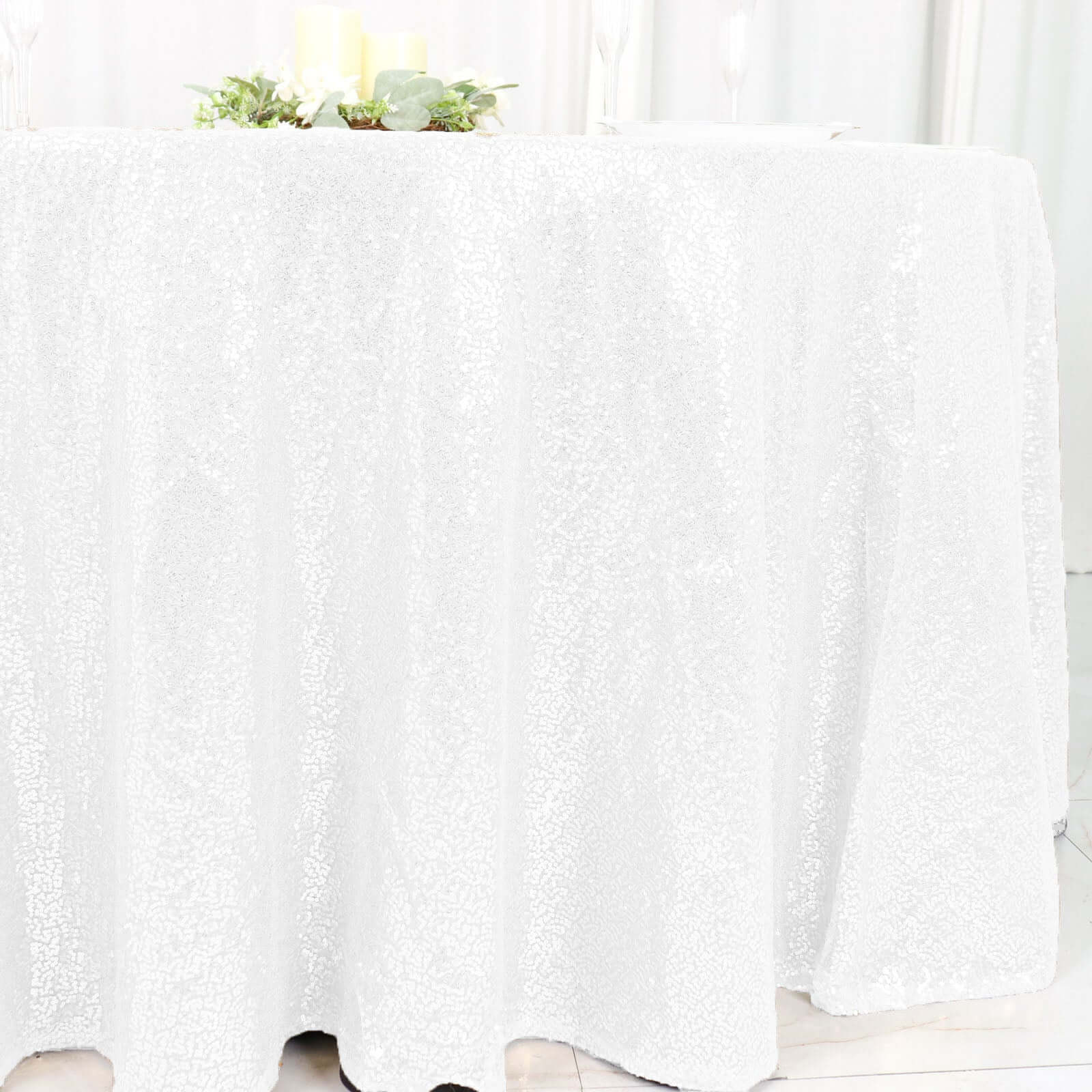 Sequin 120" Round Tablecloth White - Seamless Glittering Design for Sophisticated Events - Linen Luxes