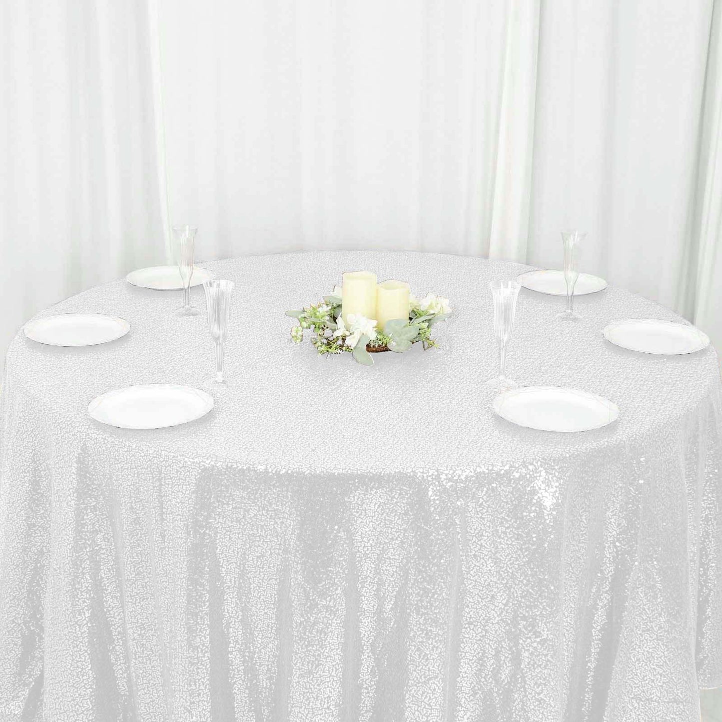 Sequin 120" Round Tablecloth White - Seamless Glittering Design for Sophisticated Events - Linen Luxes